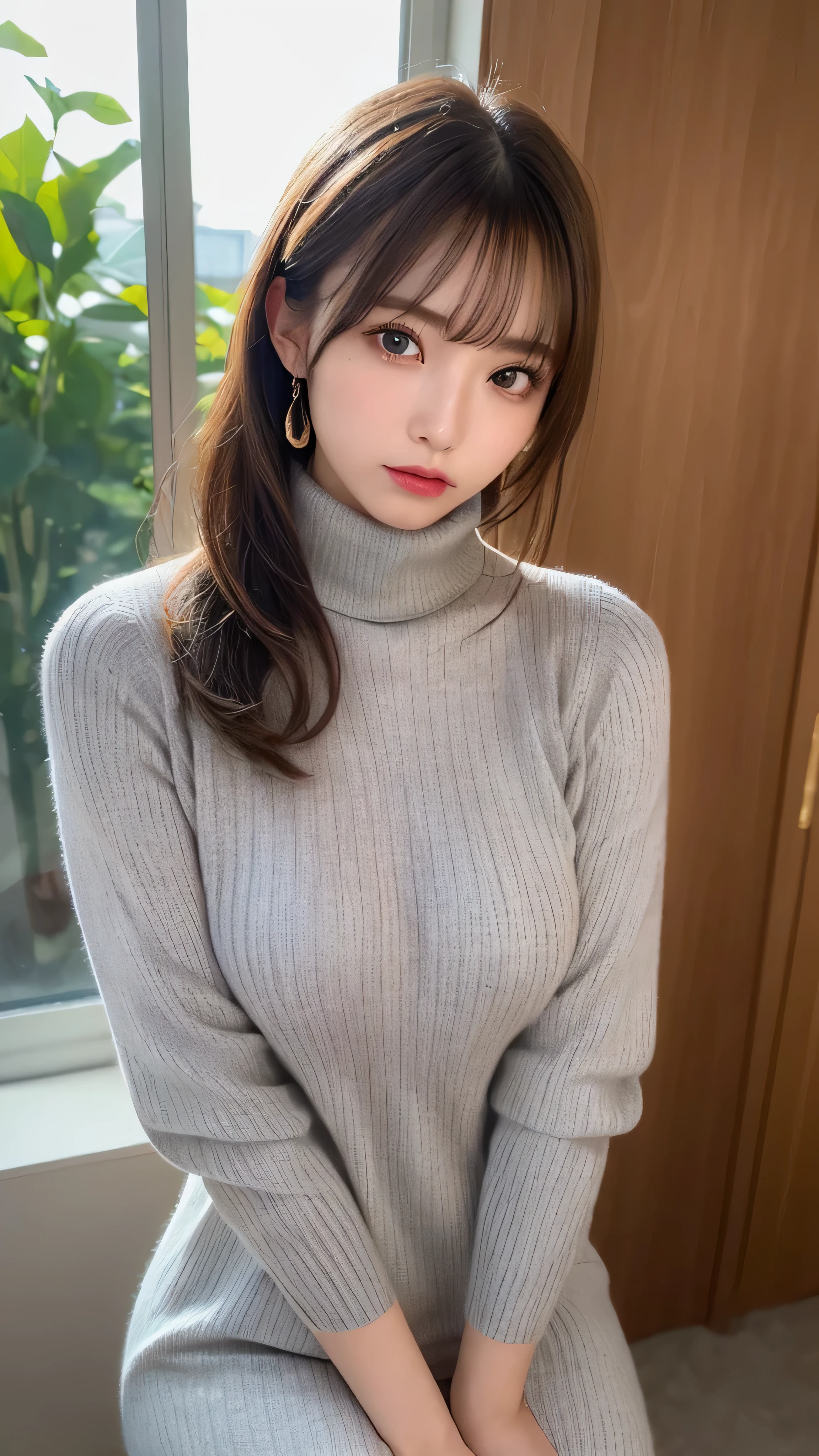 (masterpiece:1.5)、(realistic:1.5)、(highest quality:1.4、8K、RAW photo)、
ultra high resolution、professional lighting、perfect dynamic composition、Shot indoors、
film grain、chromatic aberration、(Bokeh:1.1)、
Frank、Sophisticated、charm、超realistic、high detail、golden ratio、
(1 girl)、slender girl、繊細でcharm女の子、cute woman:1.4、
serious expression、looking at the viewer、sculpture installation、
light brown hair、shining hair、Hair style is ponytail、
skin that looks real、
close your mouth、fine eyes、double eyelid、thin arms、small box、
(She is wearing a light gray turtleneck ribbed sweater dress.:1.3)、(show thighs:1.5)
