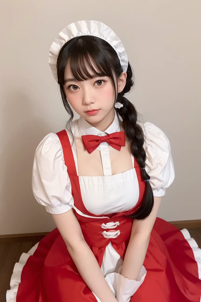 araffe asian woman in white dress posing for a picture, a pastel inspired by Fujiwara Takanobu, tumblr, shin hanga, maid outfit, maid dress, cosplay of a catboy! maid! dress, , red puffy outfit, red color!!!!!, dressed in a beautiful red, lolita style, white skirt, sakimichan