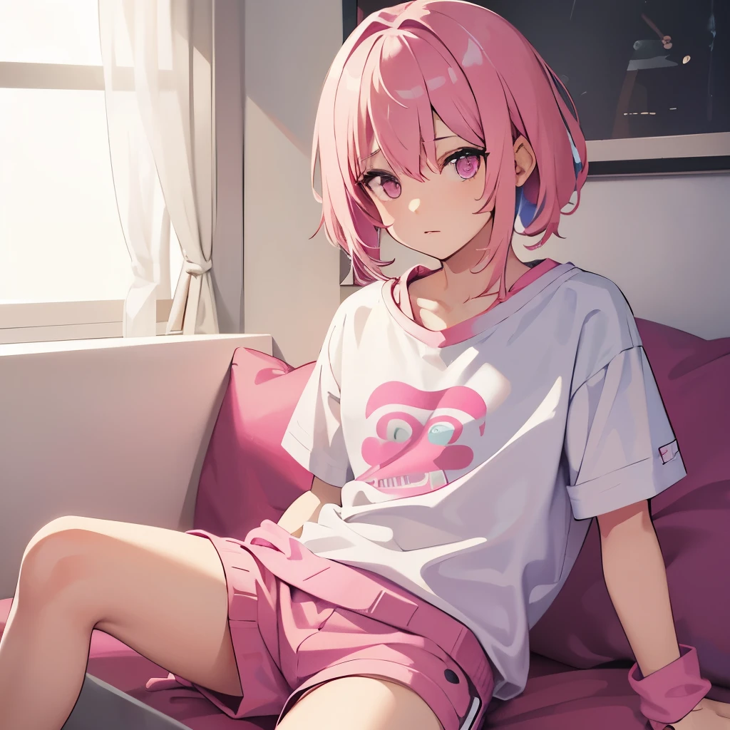a guy with pink hair with white tips wearing pink and hot pink clothes sitting on a bed