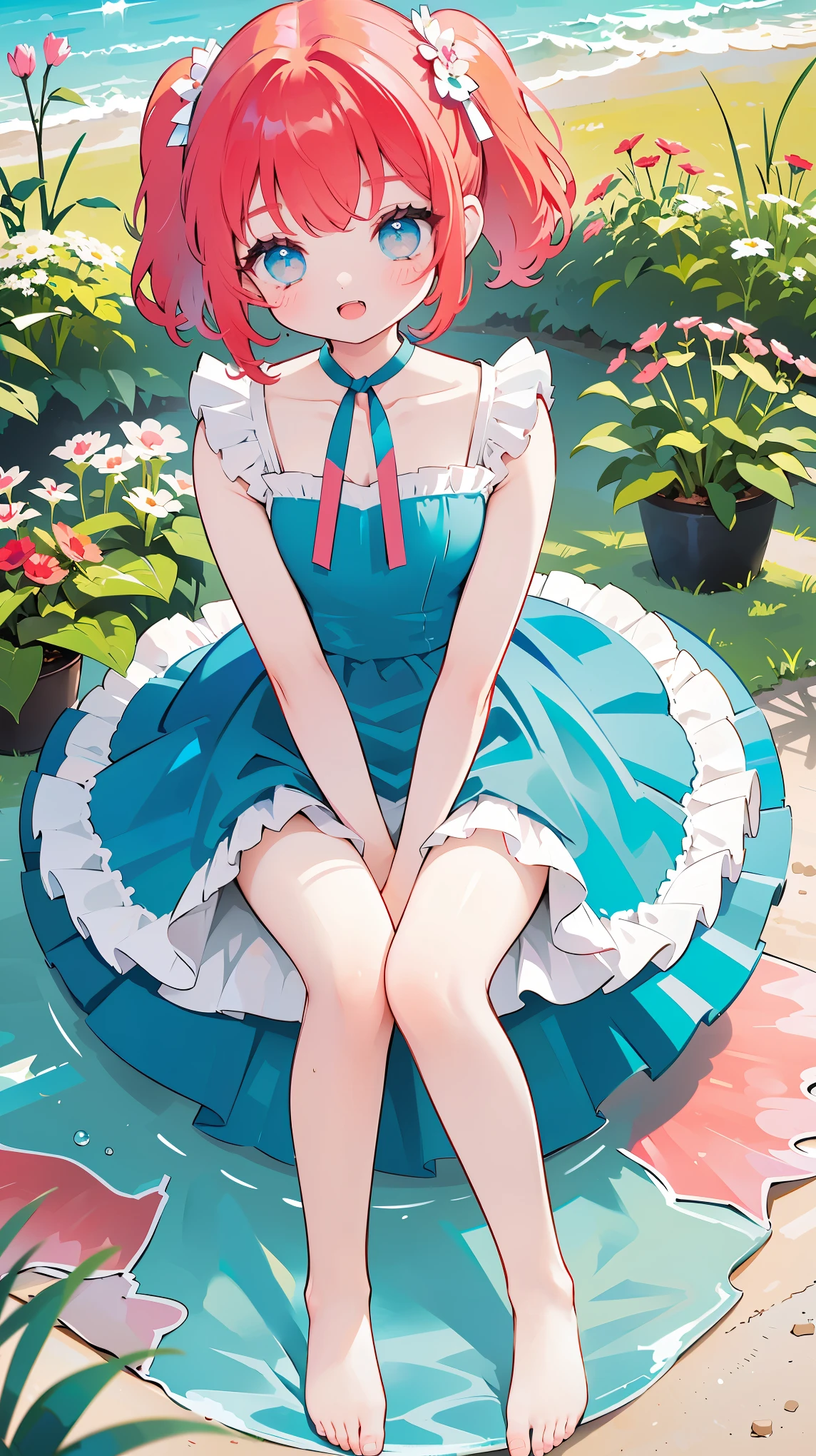 1girl, solo, short hair, looking at viewer, blush, smile, open mouth, bangs, blue eyes, dress, ribbon, bare shoulders, twintails, sitting, collarbone, hair ribbon, ((red hair)), flower, :d, thighs, outdoors, frills, barefoot, sleeveless, day, fang, hand up, bare arms, bare legs, sleeveless dress, blue dress, frilled dress, plant, pink flower, between legs, hand between legs, potted plant