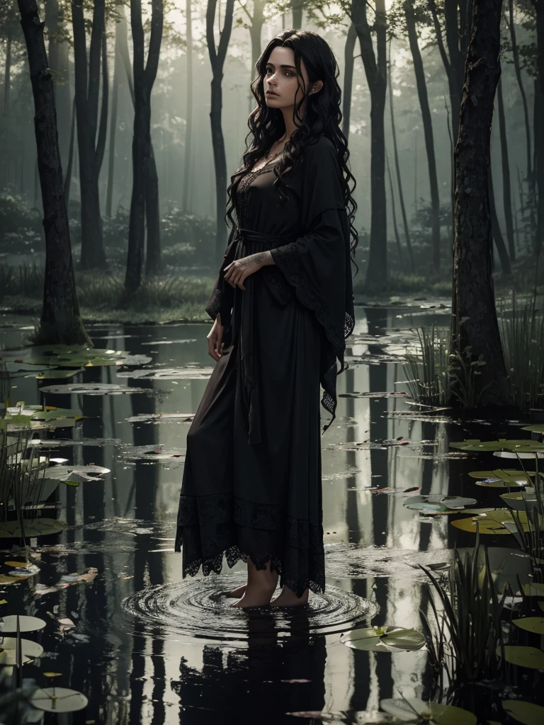 Slender witch with ((wavy dark hair)) ((dressed in rags)) (looking at viewer) hanging by a noose over a ((pond)) in a forest clearing. ((dramatic lighting)), ((masterpiece)), ((best quality)), ((highly detailed))