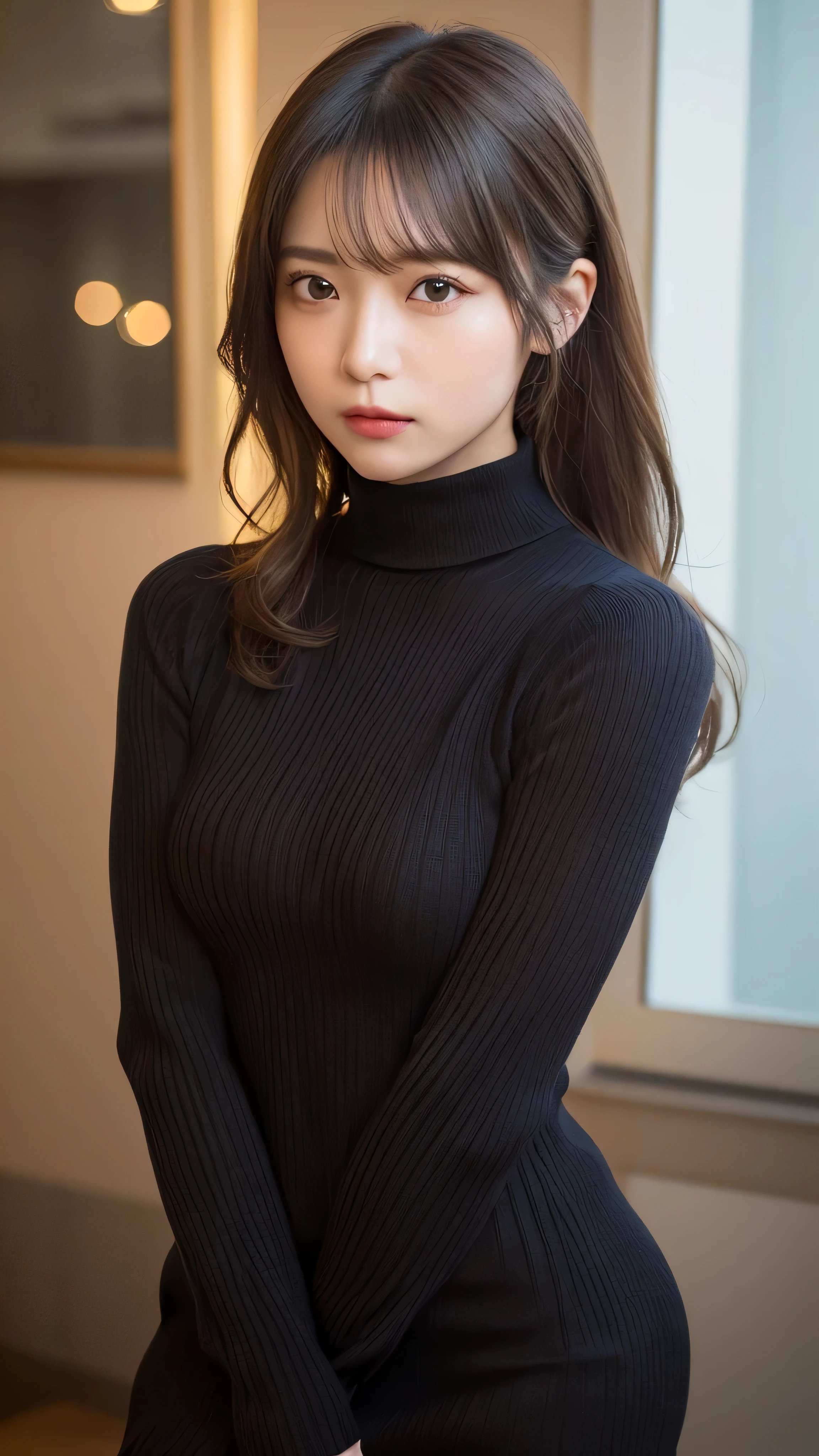(masterpiece:1.5)、(realistic:1.5)、(highest quality:1.4、8K、RAW photo）、
ultra high resolution、professional lighting、perfect dynamic composition、Shot indoors、
film grain、chromatic aberration、(Bokeh:1.1)、
Frank、Sophisticated、charm、超realistic、high detail、golden ratio、
(1 girl)、slender girl、繊細でcharm女の子、cute woman:1.4、
serious expression、looking at the viewer、Take a full body photo、sculpture installation、
light brown hair、shining hair、Hair style is ponytail、
skin that looks real、
close your mouth、fine eyes、double eyelid、thin arms、small box、
(She is wearing a black turtleneck ribbed sweater dress.:1.3)、(show thighs:1.5)