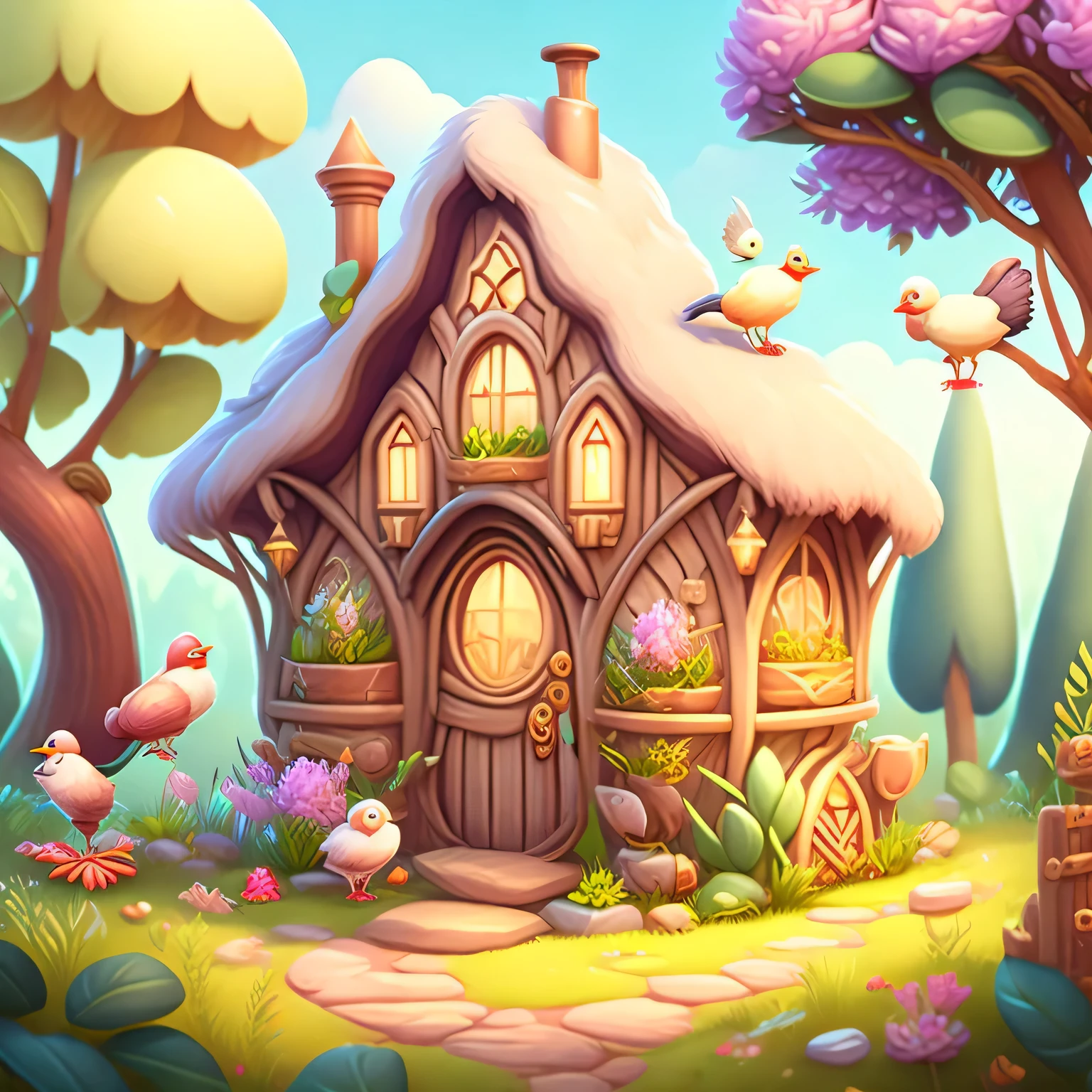 Cartoon style house, Flowers and plants, Magical elements, mobile game， forest and plants, a touch of Magical elements,farm， chicken， ducks，
