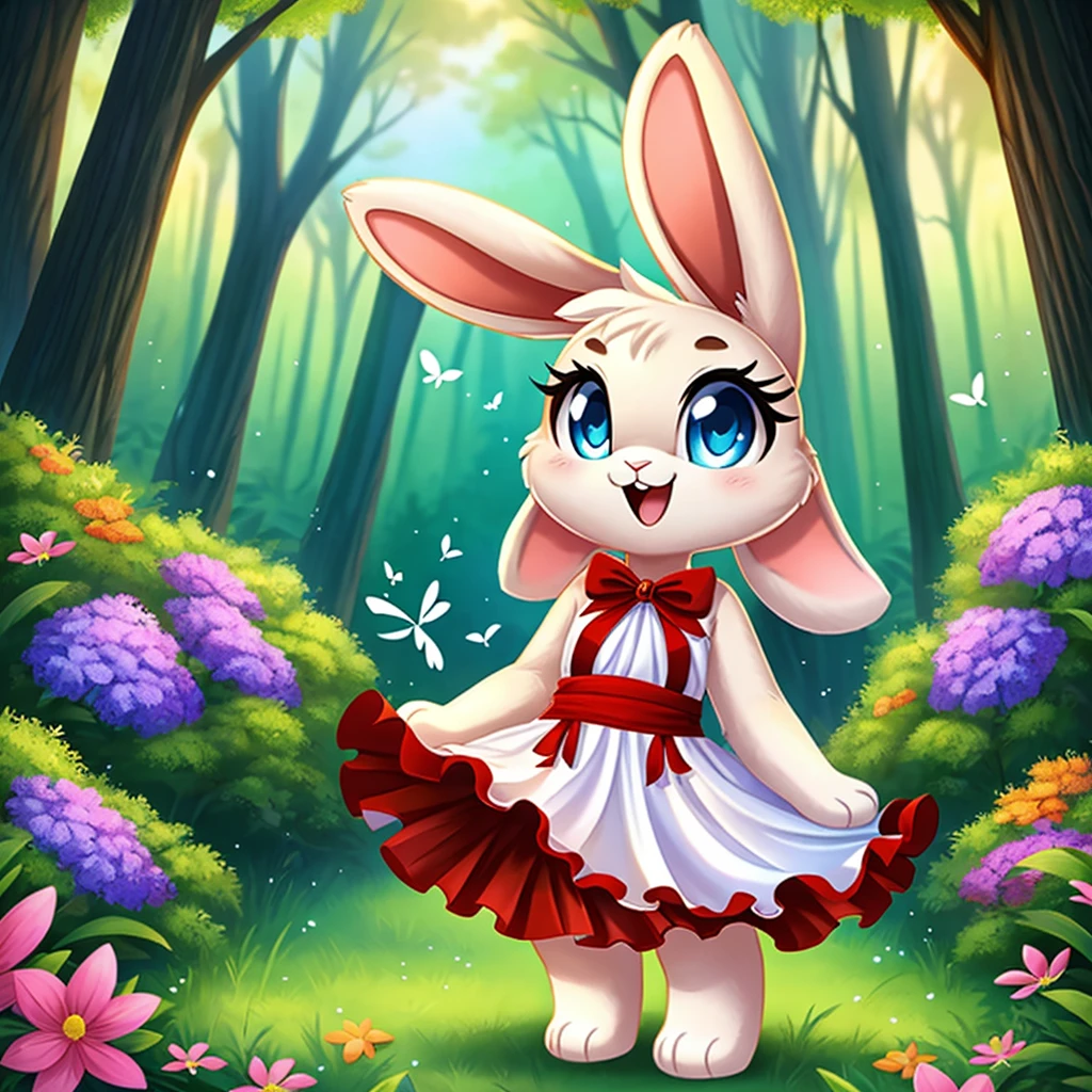 zoomed out image, ((solo character)), cute style art, fantasy style art, cute, adorable, short character, small, tiny little fluffy female white bunny with blue eyes, 4 ears, 2 extra ears, big floppy ears, long ears, ears perked up, raised ears, long eyelashes, poofy rabbit tail, wearing a red frilly ribbon dress, smiling, standing in a colorful fantasy forest, soft tones, big expressive smile, open mouth, wide eyes, excited eyes, excited face, stunning visuals, thick woods, dense forest, flowers scattered in the bushes, butterflies in the air, digital illustration