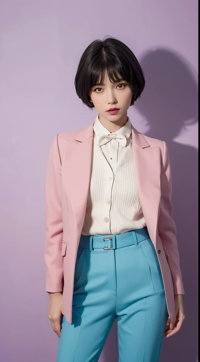 Vogue style photoshoot, Clarity, 4k, 8k, detail, actual, Beautiful Girl, wear pastle blazer, pastle pants, black lips, pink and blue mullet haircut, Perfect body, thigh, stand, pose standing, medium chest, Wes Anderson style, pastle color background in Wes Anderson style