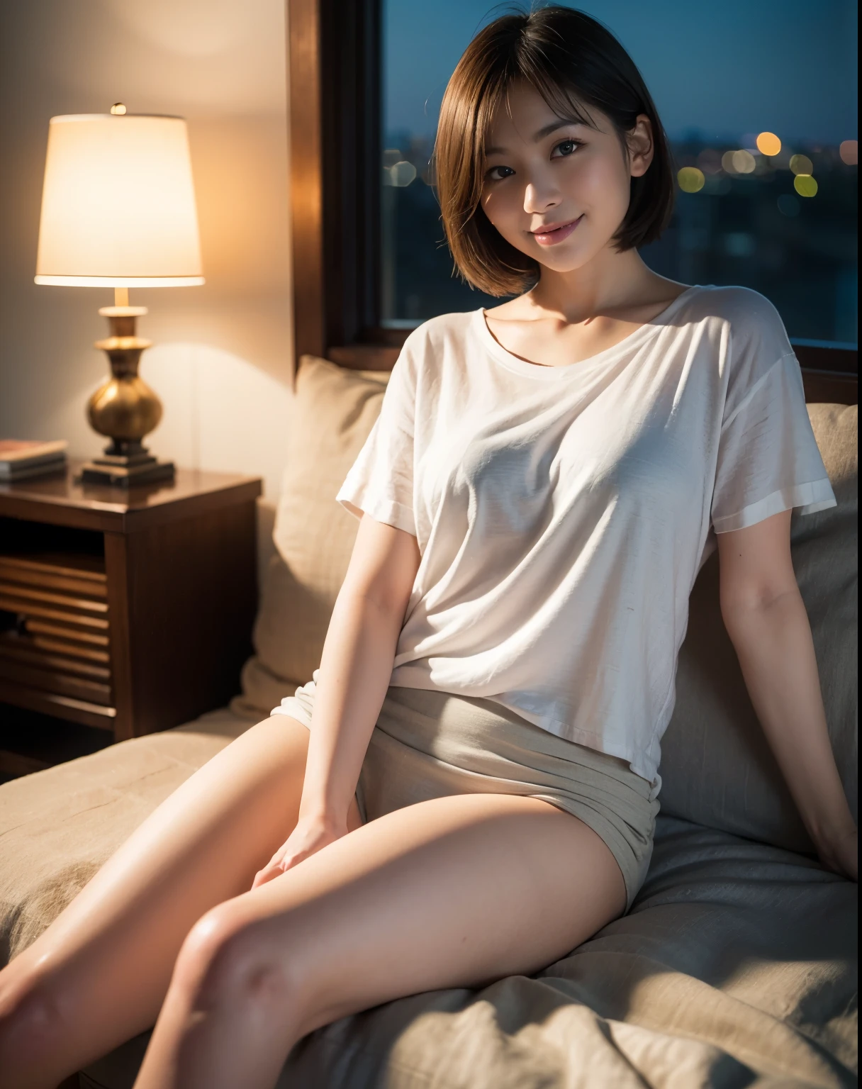 best quality, face focus, soft light, (depth of field) ,ultra high res, (photorealistic:1.4), RAW photo, (moody lighting, night:1.2), bedroom,
(upper thigh:1.4)
1japanese girl, solo, cute, kawaii, (shy, smile:1.1), (brown eyes), natural face, (short hair),
(sit on gray linen chair)
BREAK
(white naked oversize t-shirt:1.2)