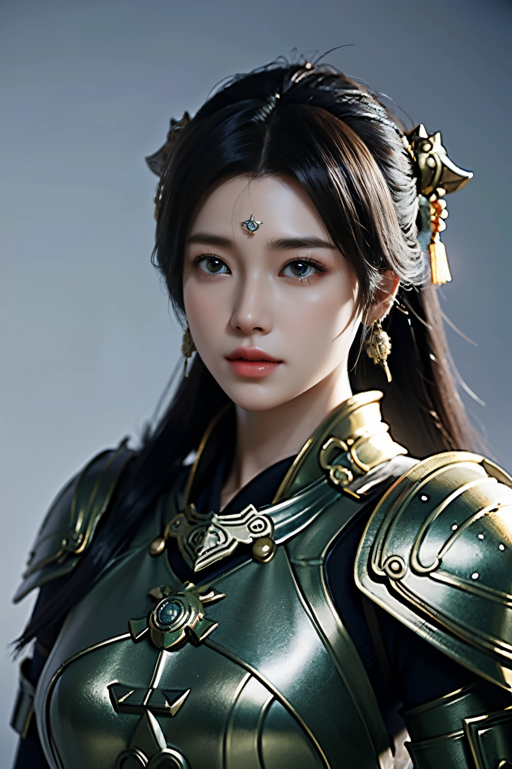 Game art，The best picture quality，Highest resolution，8K，(A bust photograph)，(Portrait)，(Head close-up)，(Rule of thirds)，Unreal Engine 5 rendering works， (The Girl of the Future)，(Female Warrior)， 
20岁少女，(The warrior in ancient China)，An eye rich in detail，(Big breasts)，优雅高贵，冷漠，(Brave)，
(Costumes of ancient Chinese characters，A random pattern of clothing，Ribbon，Joint Armor，Rich dress details，)中国人物，奇幻风格，
拍照姿势，野外背景，Movie lights，Ray tracing，Game CG，((3D Unreal Engine))，oc渲染反射纹