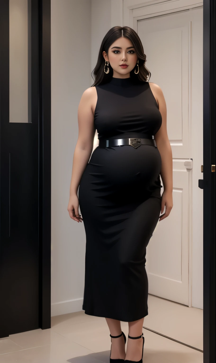 pregnant woman in black dress standing in front of a door, plus size woman, she is wearing a black dress, full black dress, an elegant woman in black dress, sophisticated dress, black dress with belt, plus size, black dress, stylish dark dress, full body view, wearing an elegant outfit, curvy figure, full body in view, wide full body