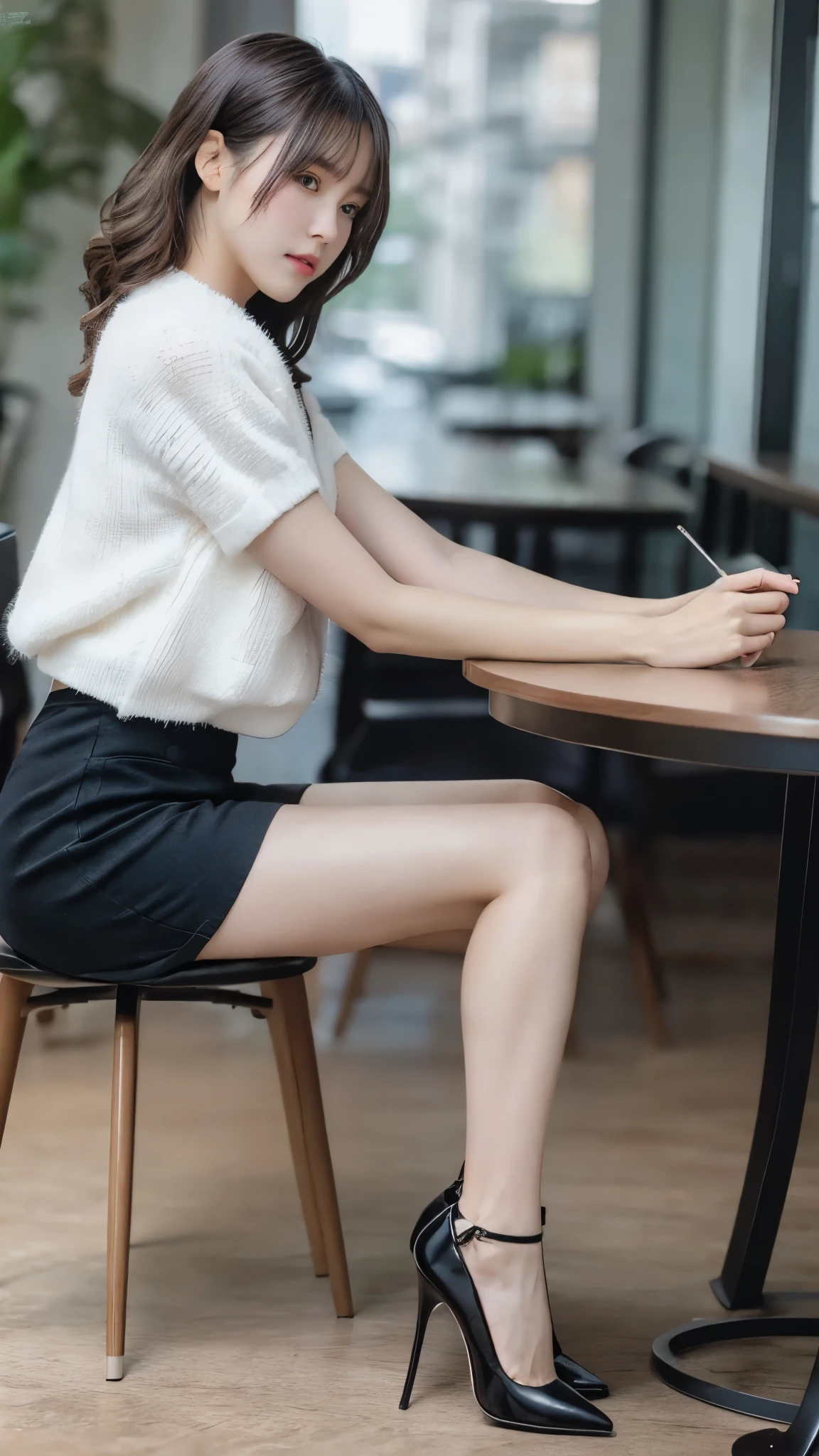 table top, highest quality, figure, super detailed, finely, High resolution, 8k wallpaper, 完璧なダイナミックな構figure, beautiful and fine eyes, woman&#39;s fashion fluffy winter clothes,Wearing sunglasses，medium hair,small breasts natural color lip, bold sexy pose、20 year old girl、cute、sexy shot looking at camera,RAW photo,anatomically correct body,blur the background,perfect and beautiful face,KPOP idol face,Slim face and body、Wearing a black miniskirt，Wearing black high heels，sitting in a chair，