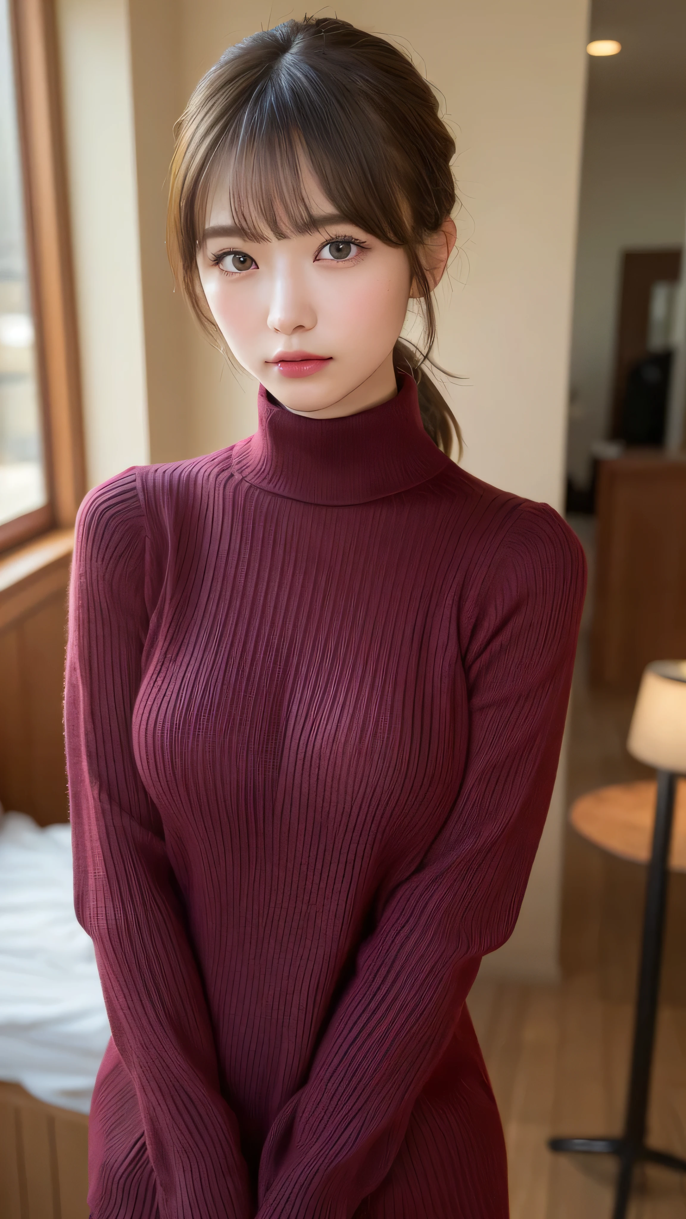 (masterpiece:1.5)、(realistic:1.5)、(highest quality:1.4、8K、RAW photo)、
ultra high resolution、professional lighting、perfect dynamic composition、Shot indoors、
film grain、chromatic aberration、(Bokeh:1.1)、
Frank、Sophisticated、charm、超realistic、high detail、golden ratio、
(1 girl)、slender girl、繊細でcharm女の子、cute woman:1.4、
serious expression、looking at the viewer、sculpture installation、
light brown hair、shining hair、Hair style is ponytail、
skin that looks real、
close your mouth、fine eyes、double eyelid、thin arms、small box、
(She is wearing a burgundy turtleneck ribbed sweater dress.:1.3)、show some thighs