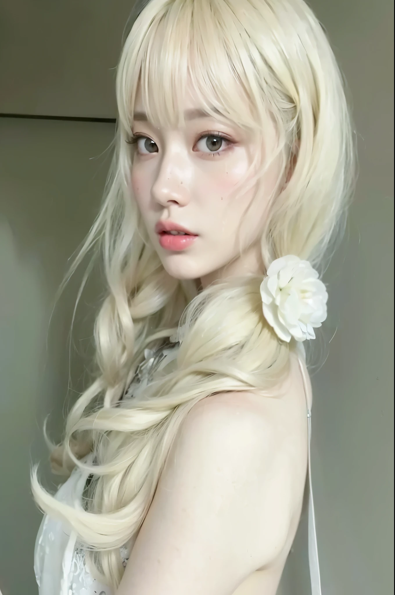 um close de uma mulher com longos cabelos loiros e uma flor no cabelo, pale pele branca de porcelana, penteado com corte hime branco, com cabelos longos brancos, pele branca de porcelana, longos cabelos brancos e franja, pale milky white porcelain skin, com longos cabelos brancos, lindo cabelo branco, com cabelo branco, cabelo loiro extremamente claro, Ulzzang, jennie kim, blackpink jennie