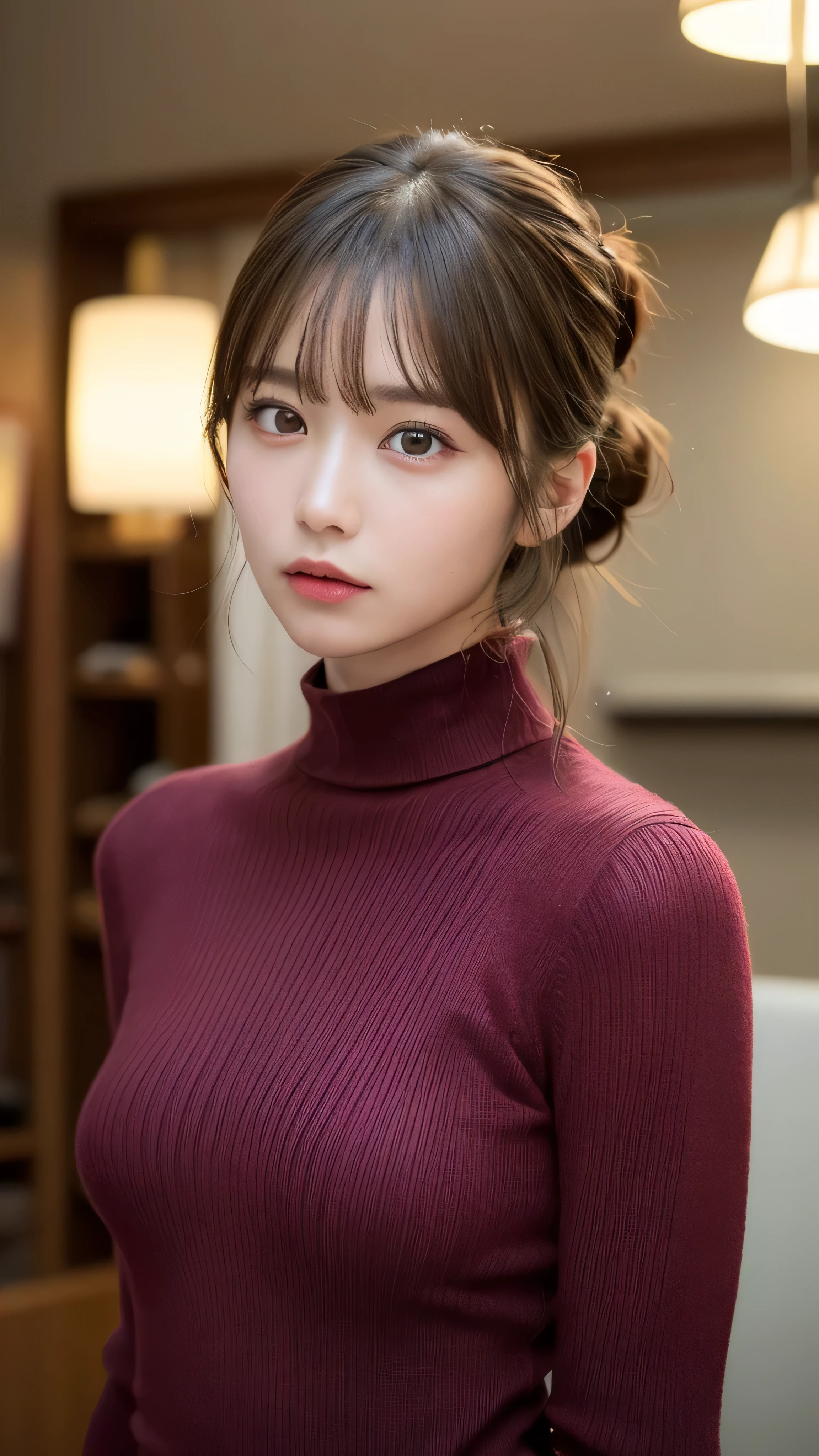 (masterpiece:1.5)、(realistic:1.5)、(highest quality:1.4、8K、RAW photo)、
ultra high resolution、professional lighting、perfect dynamic composition、Shot indoors、
film grain、chromatic aberration、(Bokeh:1.1)、
Frank、Sophisticated、charm、超realistic、high detail、golden ratio、
(1 girl)、slender girl、繊細でcharm女の子、cute woman:1.4、
serious expression、looking at the viewer、sculpture installation、
light brown hair、shining hair、Hair style is ponytail、
skin that looks real、
close your mouth、fine eyes、double eyelid、thin arms、small box、
(She is wearing a burgundy turtleneck ribbed sweater dress.:1.3)、show some thighs