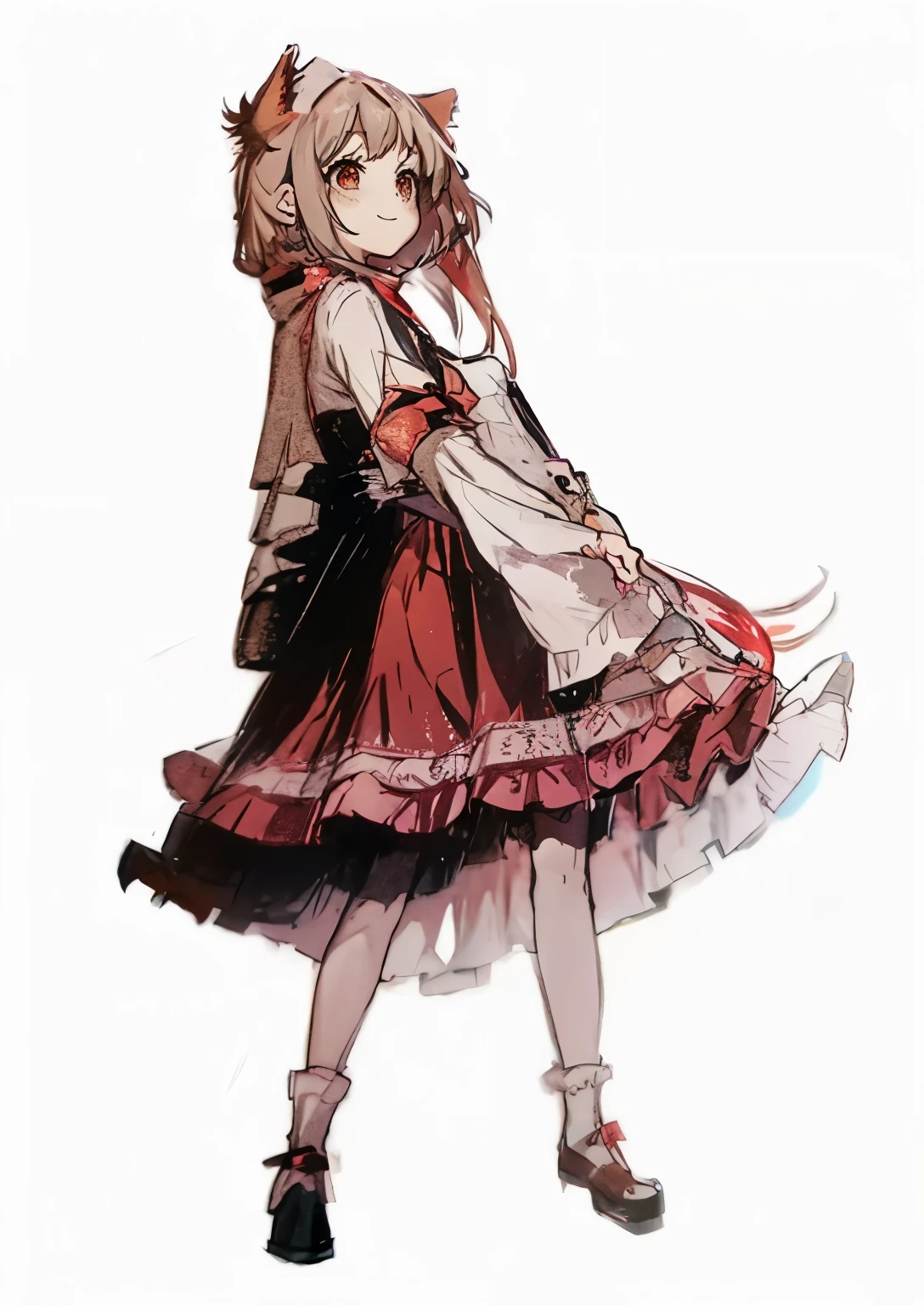 Arknights style，littleredridinghood，Red Lolita dress，girl，standing posture，Smile