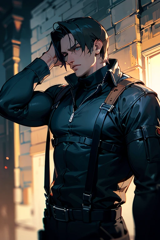((best quality)), ((masterpiece)), (detailed), perfect face , Dark gothic village in the background, ((old)) Leon Scott kennedy Resident Evil 6, 37 year old, Fitness male, tall and hunk, biceps, abs, chest, black cold turtleneck, black trousers, suspenders, earpiece, belt,hanging an assault rifle on the back, cold face, video games style, high resolution:1.2, best quality, masterpiece, (dark:1.2), (nightime:1.5), dark atmosphere, shadows, upper body shot