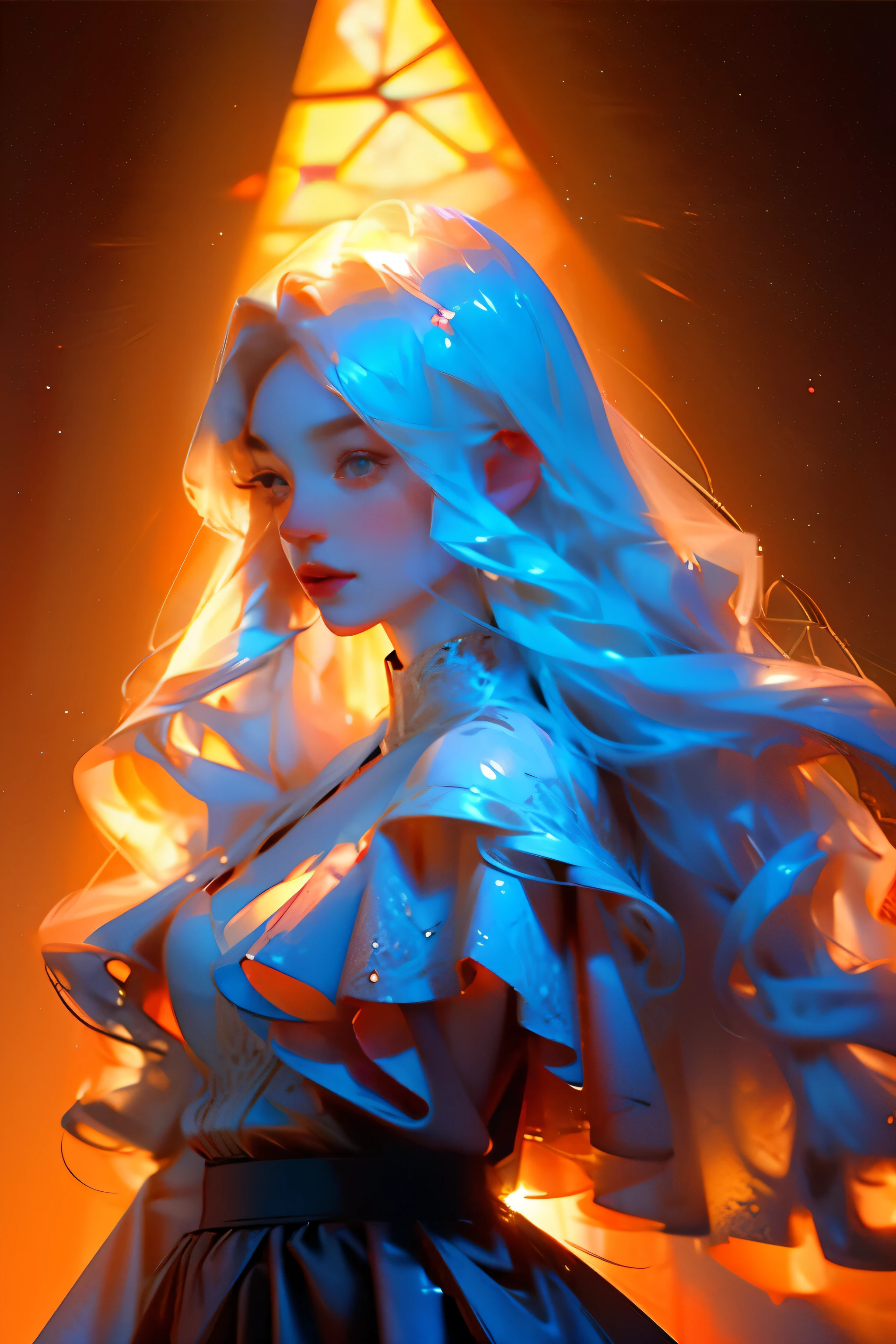 a girl，Stand in the middle of the window，backlight，Side overhead light，reflected light，long skirt，Fall to the ground， The number of layers in the skirt，The light shines through the skirt，光与影Intertwined，chiaroscuro，Intertwined，Beautiful big breasts，Modern princess dress，Guifeng， （long white hair），（Slightly curly long hair），（close up），（broken into pieces）