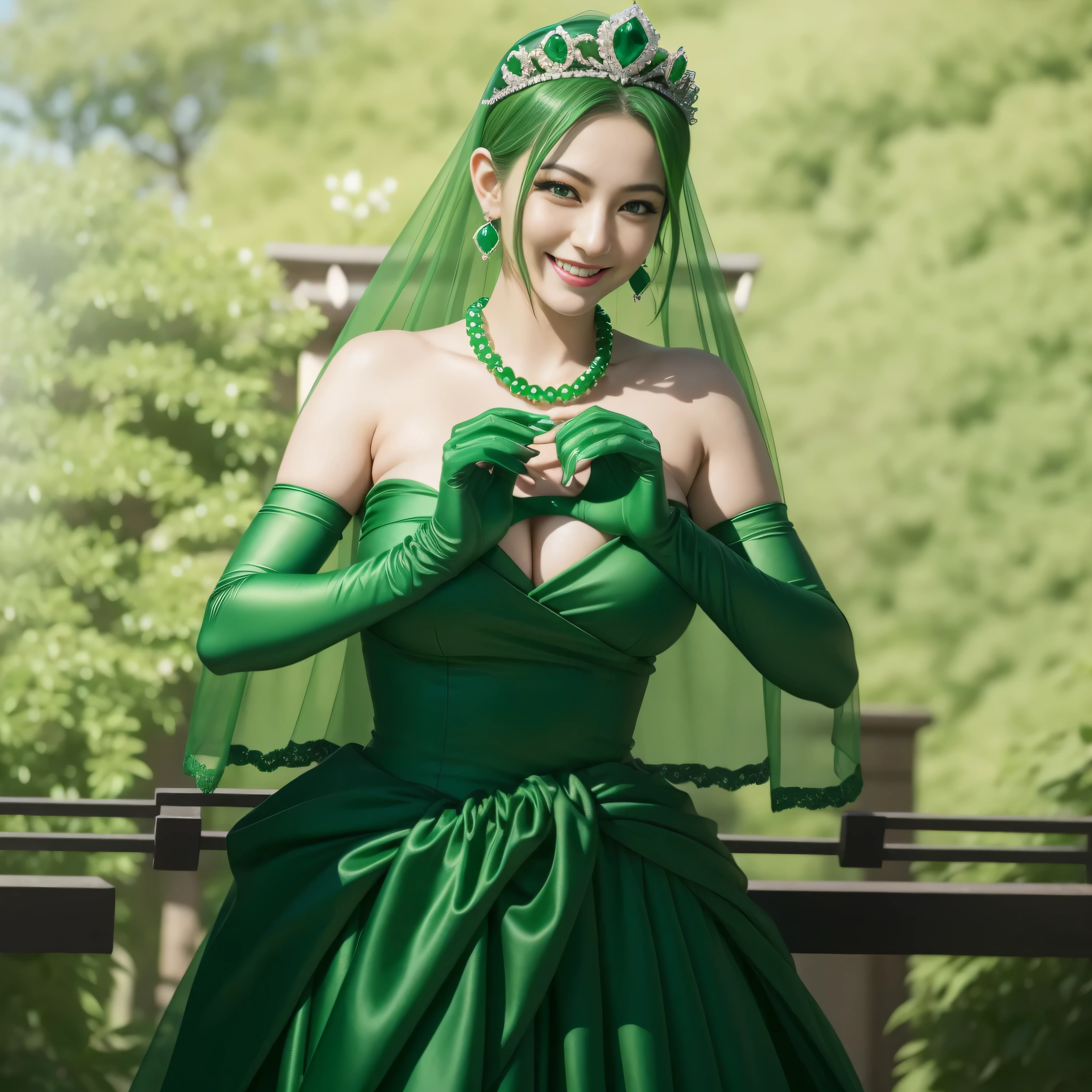 emerald tiara, green pearl necklace, ボーイッシュな非常に短いgreen hair, lipstick, smiling Japanese woman, very short hair, Beauty with large breasts, green eyes, Long Green Satin Gloves, green eyes, emerald earrings, green veil, Double heart hands:1.3 , green hair