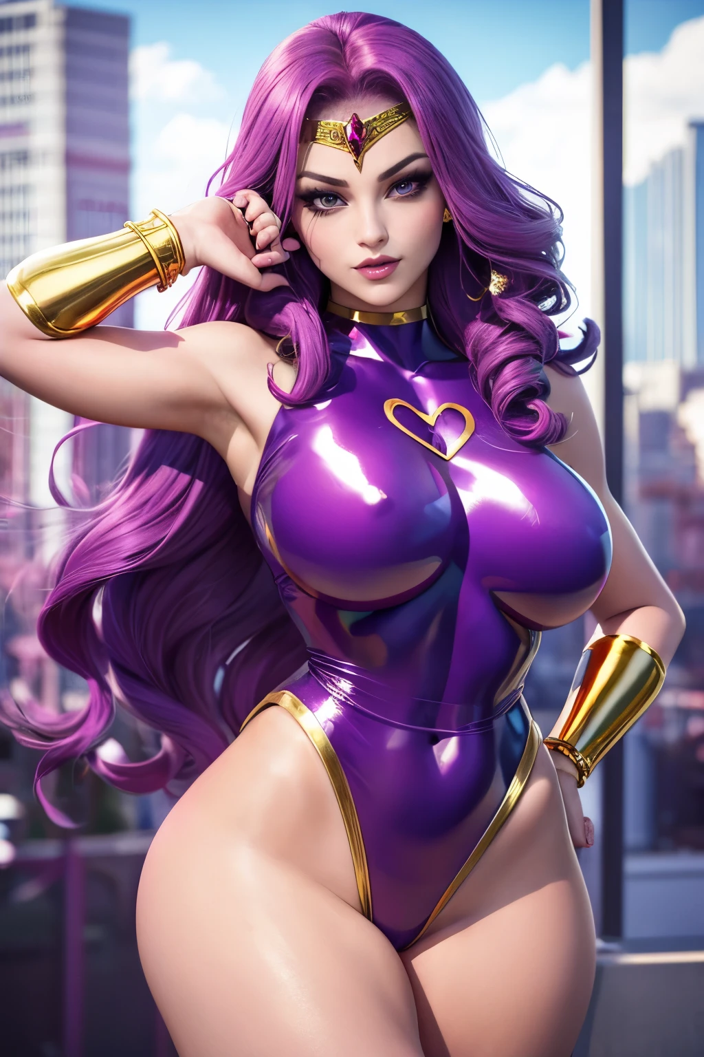 A sexy beautiful female supervillian who is a demigoddess , purple eyes and dark purple curly hair. She wears a skin tight pink sleeveless leotard, with a loincloth with a heart shaped symbol , she has gold bracelets and a small gold heart shaped tiara on her forehead high resolution portrait photography by artgerm, in the style of realism, glistening skin, cartooncore, mangacore, natural lighting, Defined full lips.  feminine body