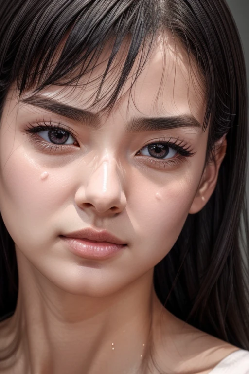 1 girl,Mastepiece - Award-winning photo, very detailed, edge orgasm, woman , chiseled face、((口を開けて目を閉じたwoman))、high nose with pointed points,,、strong nose、elongated nostrils、Skin shiny with sweat、Illumination that emphasizes shiny sweat{realistic nostrils}, black haired、(sharp nose)