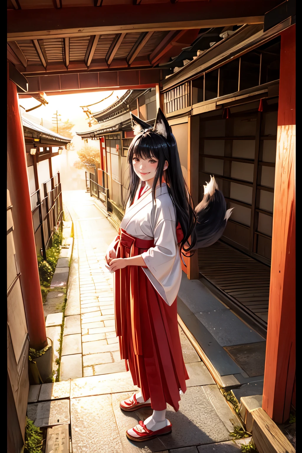 A low-fi, overexposed Polaroid snapshot of a smiling girl with fox ears wearing a red hakama and a miko outfit, with black hair, taken with a flash, in a shrine in Japan, with a sunset, on a cobblestone path, with a street light, and slightly out of focus.