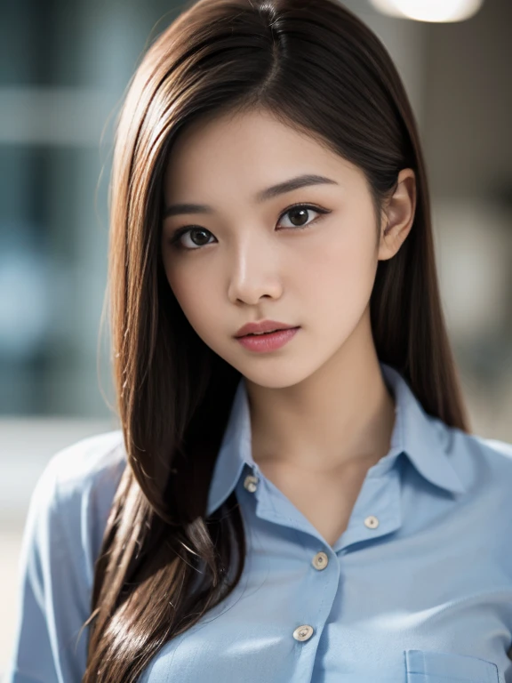 Malay girl, sexy pose, long hair, straight fluffy brown hair, medium breast, ((button shirt)), portrait, professional lighting, blur background, bokeh lighting, 18yo, naked