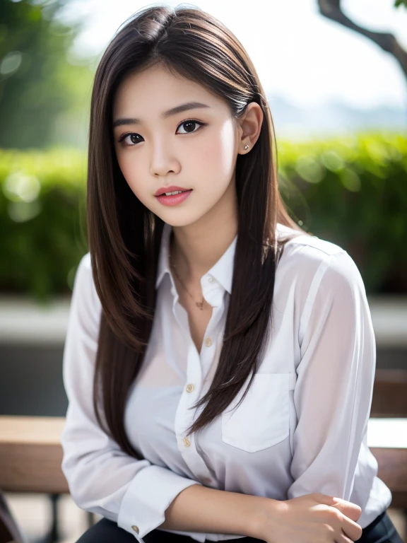 Malay girl, sexy pose, long hair, straight fluffy brown hair, medium breast, ((button shirt)), portrait, professional lighting, blur background, bokeh lighting, 18yo, naked
