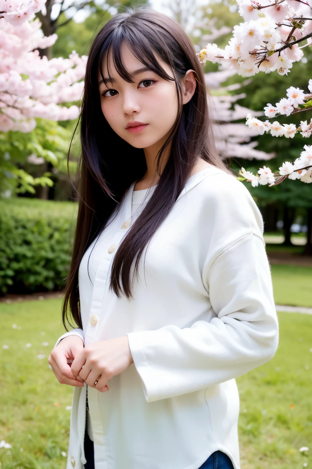 (realistic, top-quality, masterpiece:1.2),
A beautiful Japanese girl, age 17, stands with a graceful pose against the backdrop of cherry blossoms in full bloom. (photorealistic:1.37),
(8K, RAW photography, best quality, masterpiece:1.2),
Her delicate features are accentuated by the natural sunlight filtering through the petals, revealing her perfectly symmetrical face with a small button nose, sparkling brown eyes, and rosy cheeks. (realistic, photo-realistic:1.37),
Her long, straight black hair cascades down her shoulders, framing her pretty