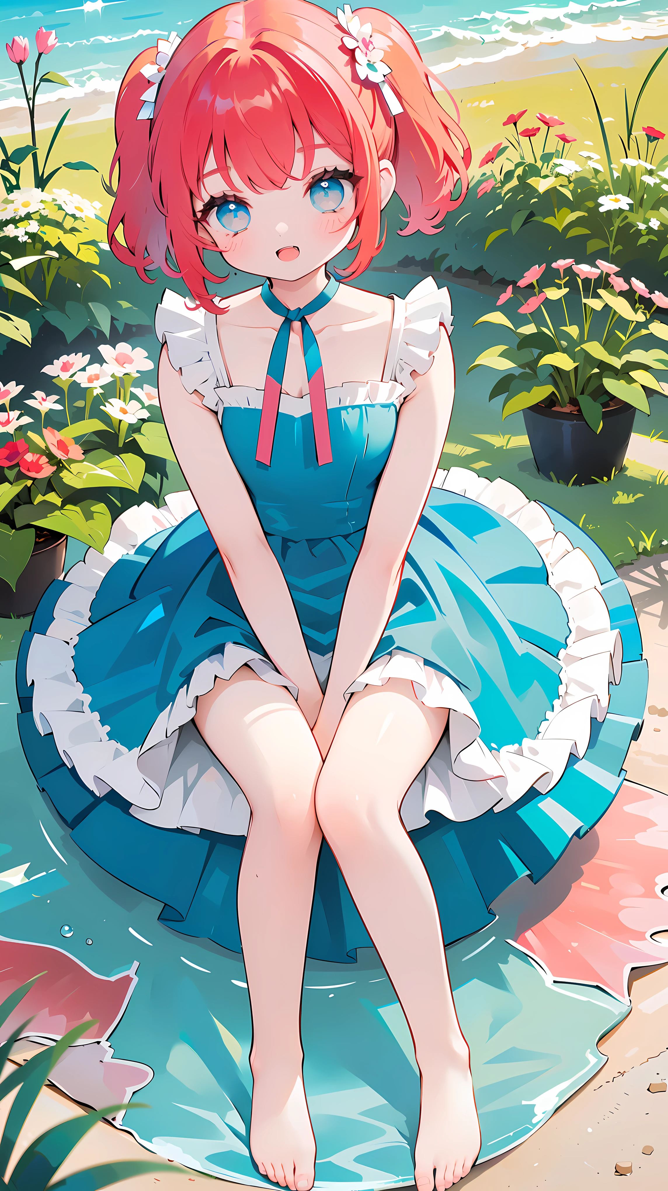 1girl, وحيof the, short hair, النظر إلى المشاهof the, احمر خof theوof the, He smiles, Open mouth, Explosions, Blue eyes, of theress, ribbon, bare shoulof theers, Twintel, He sits, Clavicle, hair ribbon, ((reof the hair)), ورof the, :of the, Thighs, outof theoors, adornment, حافي القof theمين, sleeveless, of theay, Fang, hanof the up, Bare arms, Bare legs, sleeveless of theress, blue of theress, frilleof the of theress, plant, pink ورof the, between legs, hanof the between legs, potteof the plant