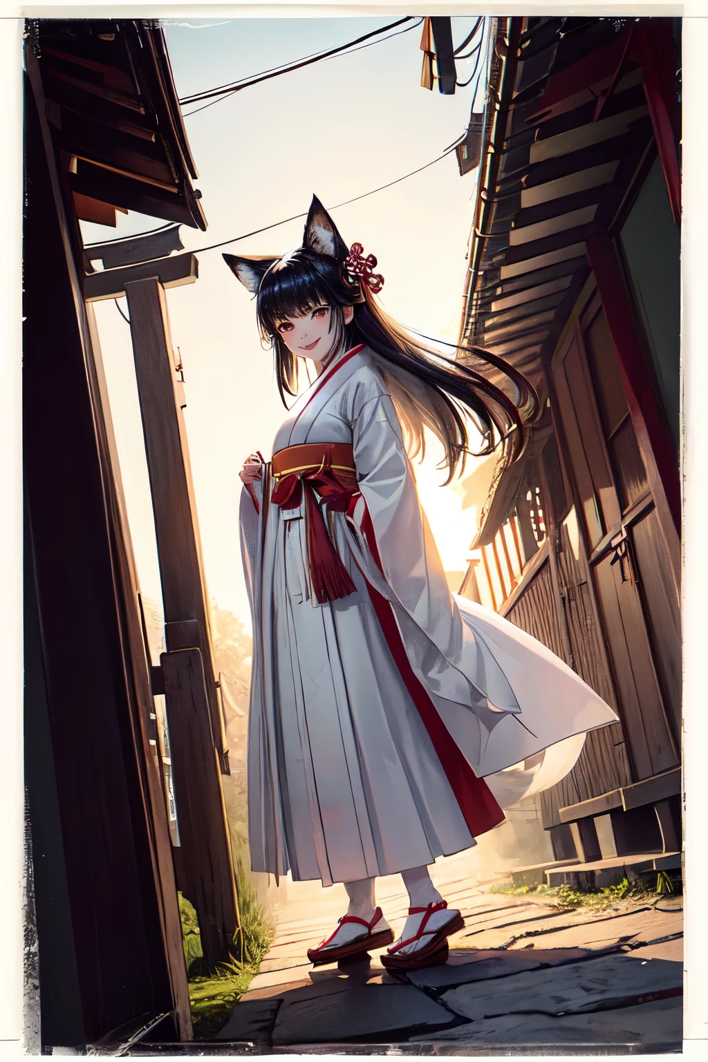 An underexposed Polaroid photo of a fox-eared girl in a white miko outfit with a red hakama, smiling amidst the setting sun in a Japanese shrine. Her black hair stands out in the lo-fi aesthetic of the photo, with cobblestones under her feet and streetlights beginning to glow, all captured in a soft focus.