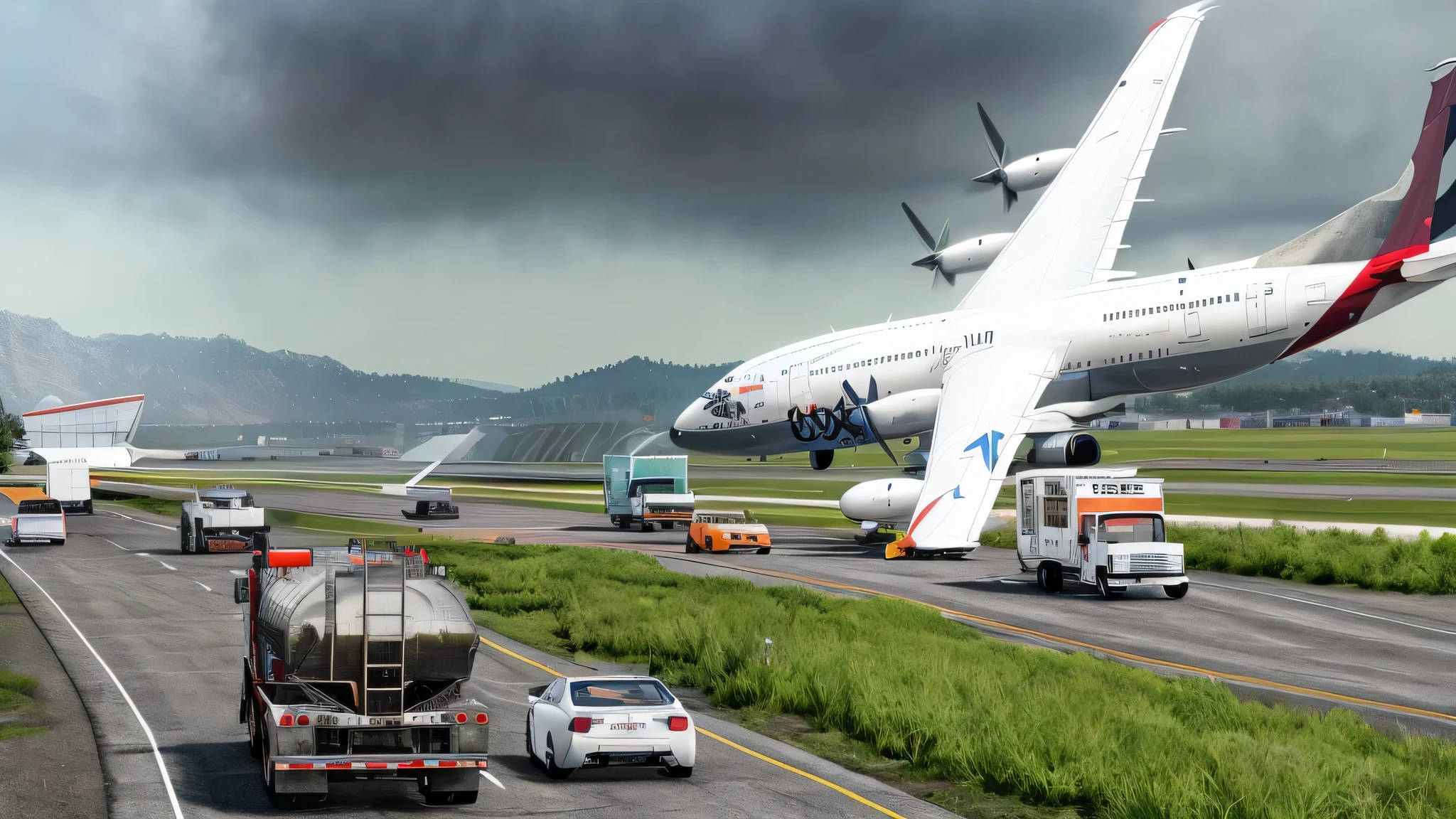 there is a large airplane that is on the runway with cars, realistic aircrafts, realistic aircraft, realistic scene, amazing photorealistic graphics, a hyper realistic, transportation design render, hyperrealistic n- 4, true realistic image, highly realistic concept art, artistic render, super realistic”, cg art, realistic graphics, hyper realistic”, hyper realistic ”, highly detailed scene, at takeoff