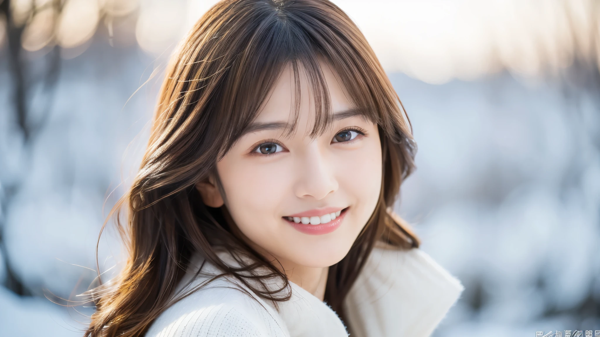japanese woman, 30s, background white, simple背景, white-brown hair, slender, 4K, 8K, high quality, Beauty products, beautiful eyes, simple, high resolution,1 person,beautiful skin,beautiful skin,wearing a white knit,winter,lipstick,smile,Upper body is shown