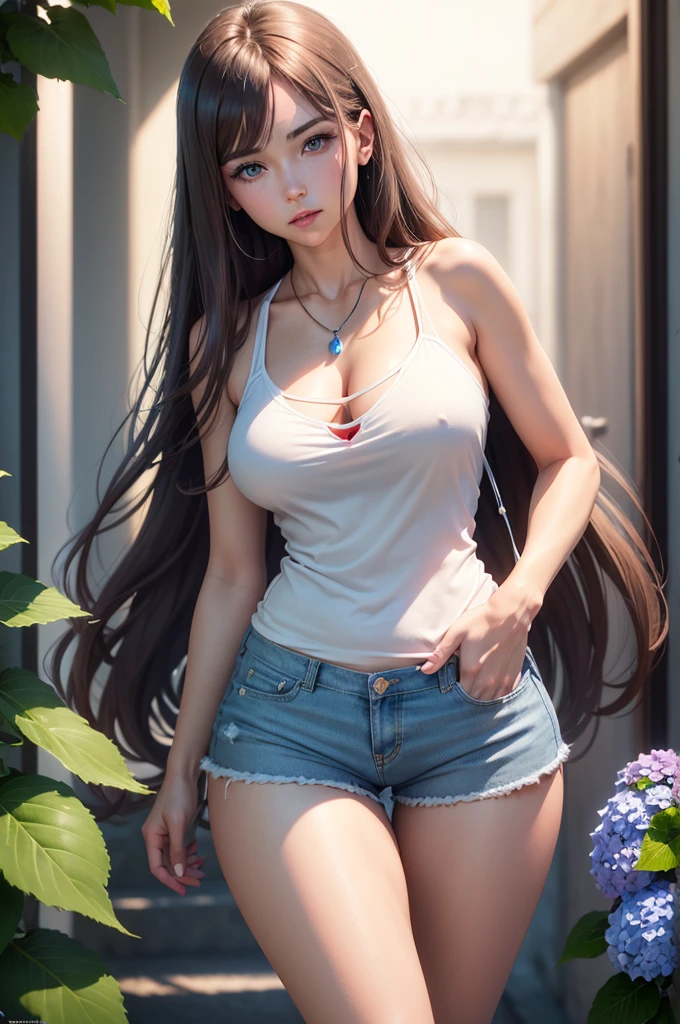 June scenery, Beautiful woman, long hair, brown hair, medium breasts, blue eyes, white shirt, hot pants, neon red heart necklace, looking at viewer, night, colorful hydrangea, whistle around neck, Hyperrealism, depth of field, cinematic lighting, chromatic aberration, 4k, award winning