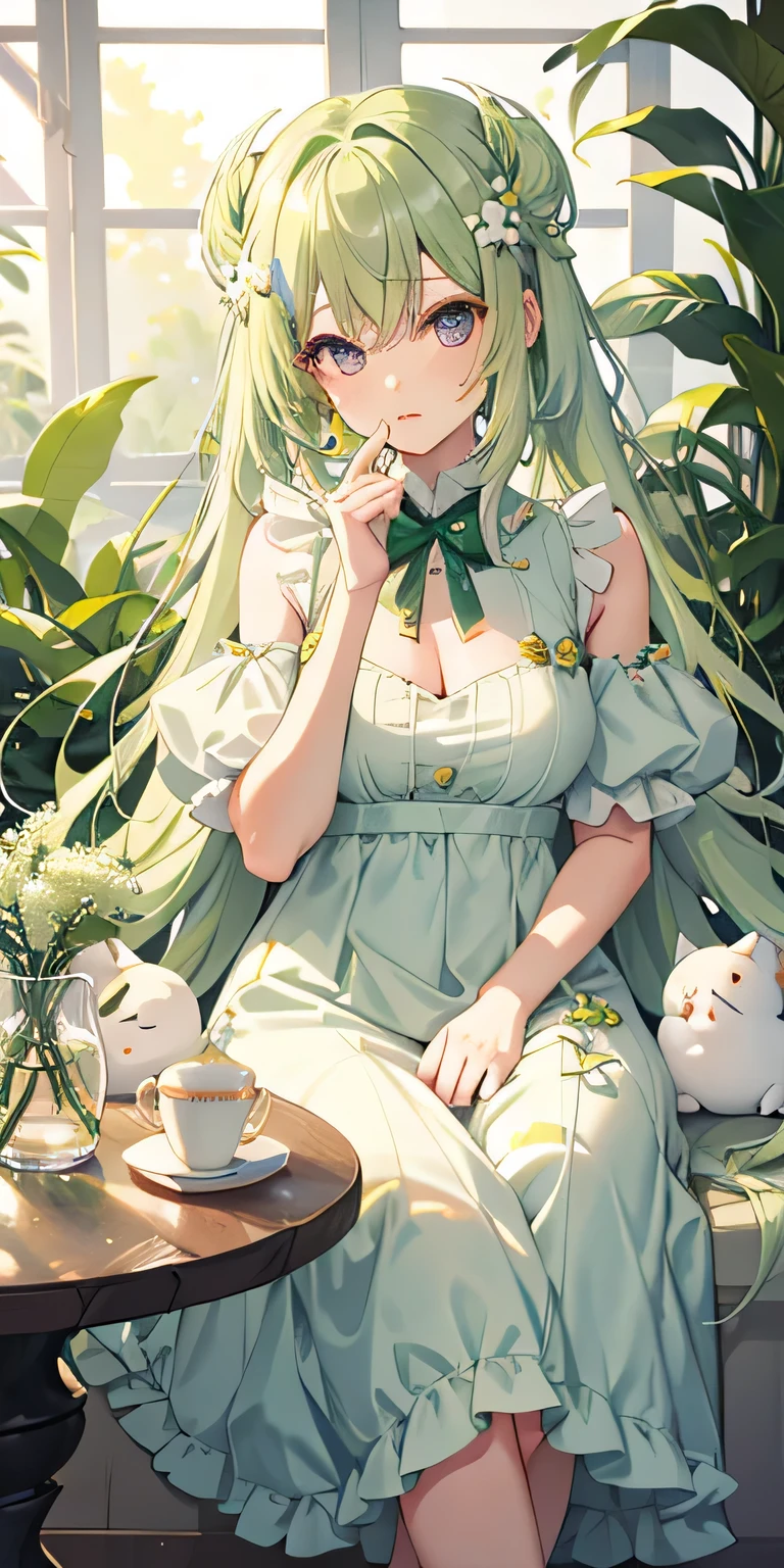 light pastel green hair with light yellow ombre, side parted hair, a bit mature cute girl, round eyes, purple eyes, no pixelated eyes, lily of the valley hair ornament, flower fairy, dirty tattered one piece dress, gshostly, greyish color pallete, sitting on a tea table in a greenhouse