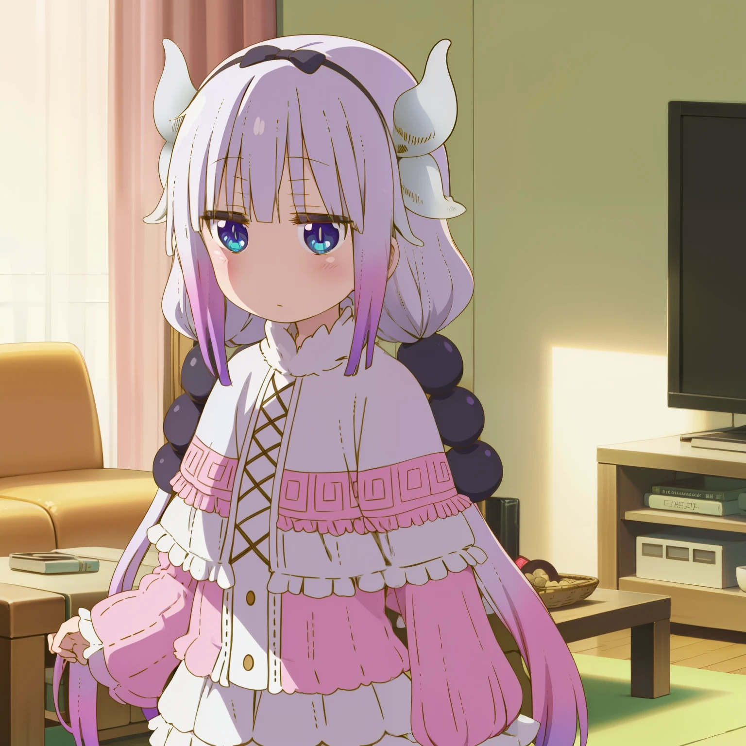 (best quality), highres, kdm style, kanna kamui, solo, dragon girl, blue eyes, light purple hair, purple hair, long hair, blunt bangs, bangs, jitome, gradient hair, capelet, dress, frills, long sleeves, white skirt, zettai ryouiki, white thighhighs, upper body, living room