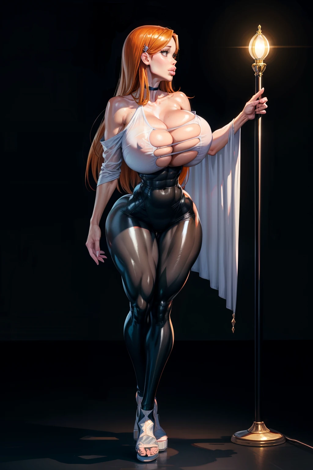 (((Barre unitard))), Generate an illustration of a mature Orihime, ((hueco mundo outfit)), dark orange hair , (aletta ocean face), de terno preto, (shoulders covered by clothing:1.3), long hair, hair pins on both sides, (gigantic breasts), white outfit, (black belt), ((body covered)), black sandals, white socks, gothic make up, masterpiece, ((rembrant lighting)), black background, (puffy lips),((slendered abs)), defined jawline