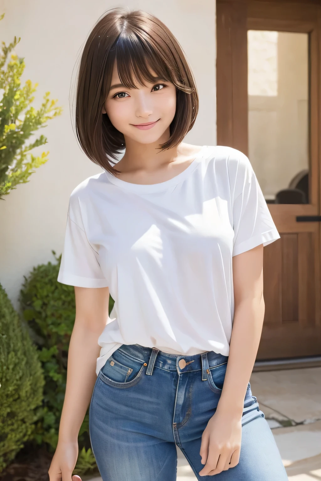 narrow eyes, straight hair, 1 girl, 17 year old girl, small eyes:1.3, narrow eyes:1.3, beautiful breasts:1.5、highly detailed eyes:1.2)、(beautiful breasts:1.1), (short hair:1.1), bangs, tight waist, alone, looking at the viewer, light smile, (white t-shirt, blue jeans), laughter, (squint your eyes), (small breasts:1.4)