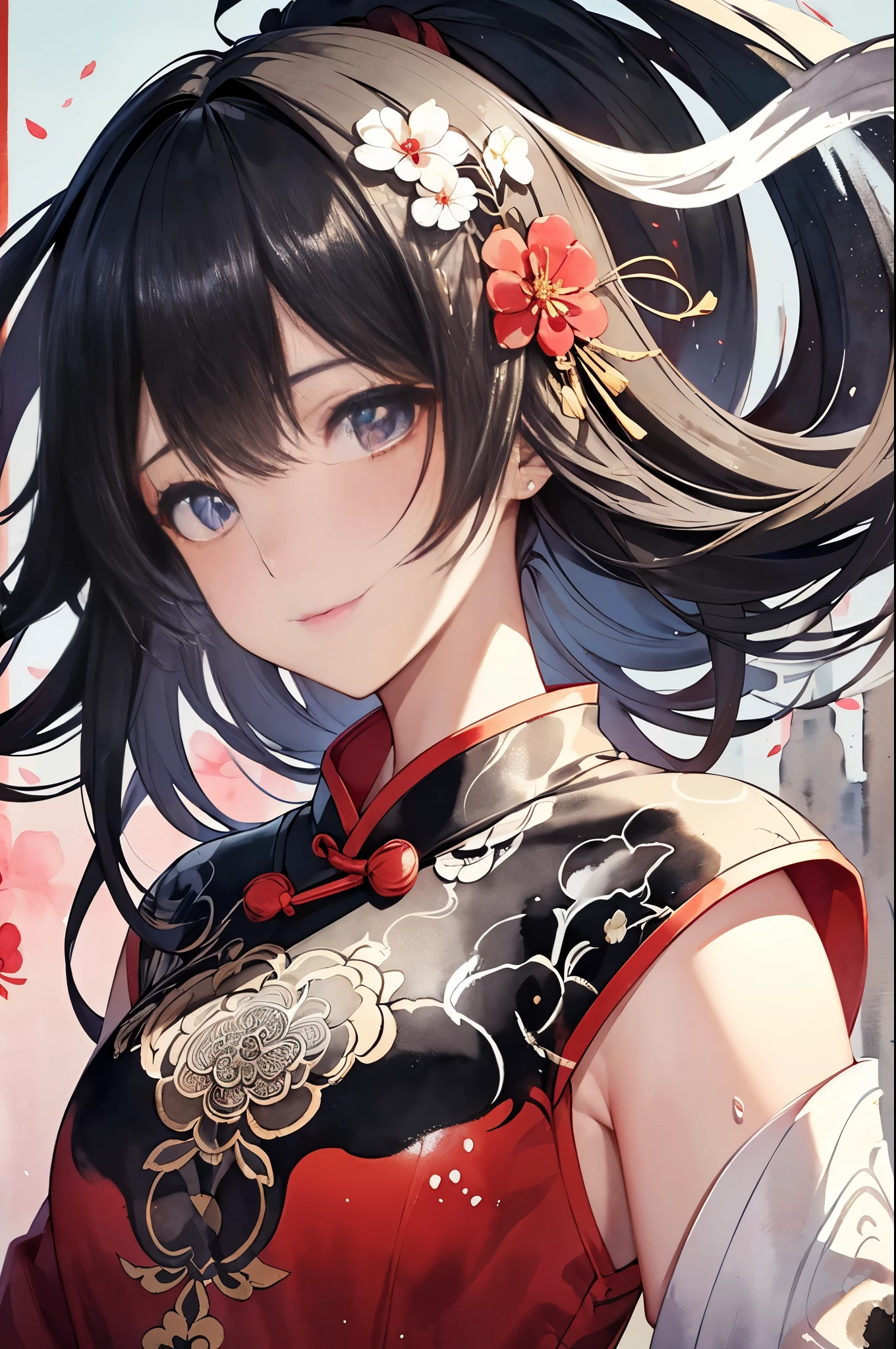 (full body)(best detailed girl),(1girl),(black hair),(solo),((extremely detailed)),((detailed face)),((((ink painting)))),illustration,((Chinese ink painting)),(((masterpiece))),(((best quality))),((((Ink dyeing)))),(((Watercolor))),((Chinese Brush Painting)),(((extremely delicate and beautiful girls)))),ultra-detailed,(((beautiful detailed eyes))),(cheongsam),(Chinese style),((red ink)),smile,ink background,long hair,beautiful detailed eyes,beautiful detailed hair,petals,(((soaked))),((((floating hair)))),(((The character is in the center of the frame))),(((flowing))),