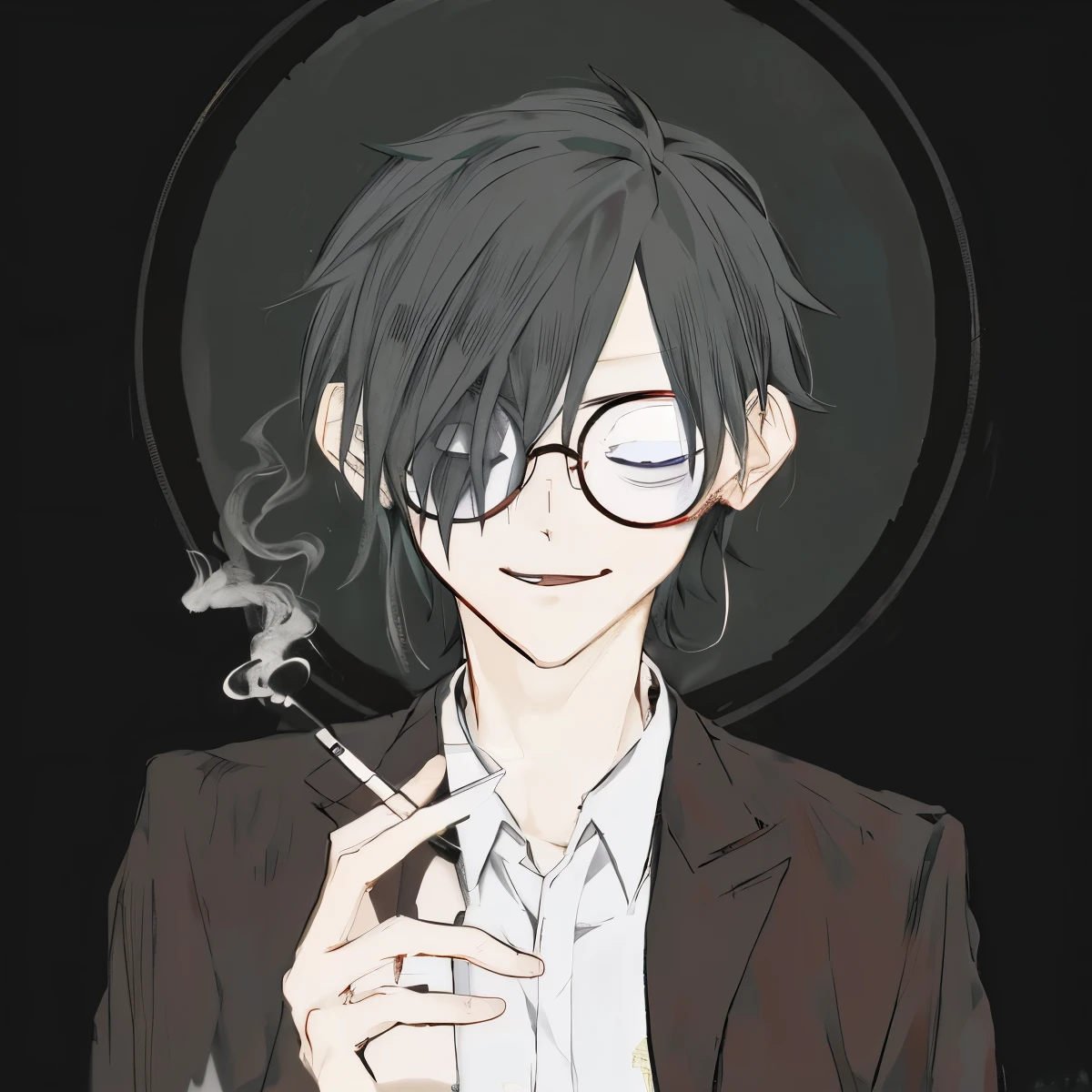 anime boy with glasses smoking a cigarette and wearing a suit, gendo ikari smoking a joint, 2 d anime style, inspired by Yamagata Hiro, inspired by Okumura Togyu, style of junji ito, he is smoking a cigarette, as an anime character, in an anime style, inspired by Okumura Masanobu