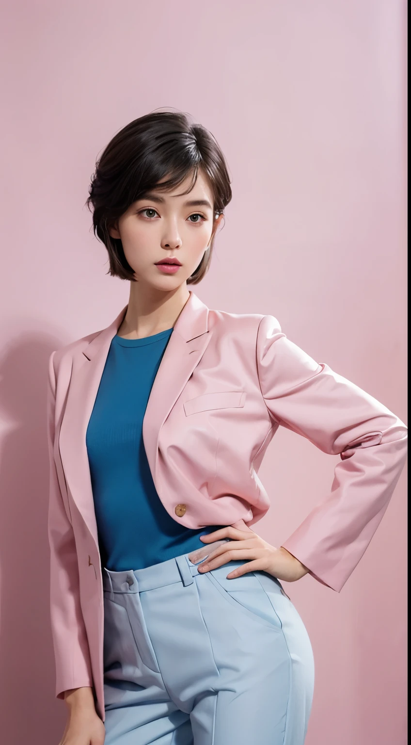 Vogue style photoshoot, Clarity, 4k, 8k, detail, actual, Beautiful Girl, wear pastle blazer, pastle pants, black lips, pink and blue mullet haircut, Perfect body, thigh, stand, pose standing, medium chest, Wes Anderson style, pastle color background in Wes Anderson style