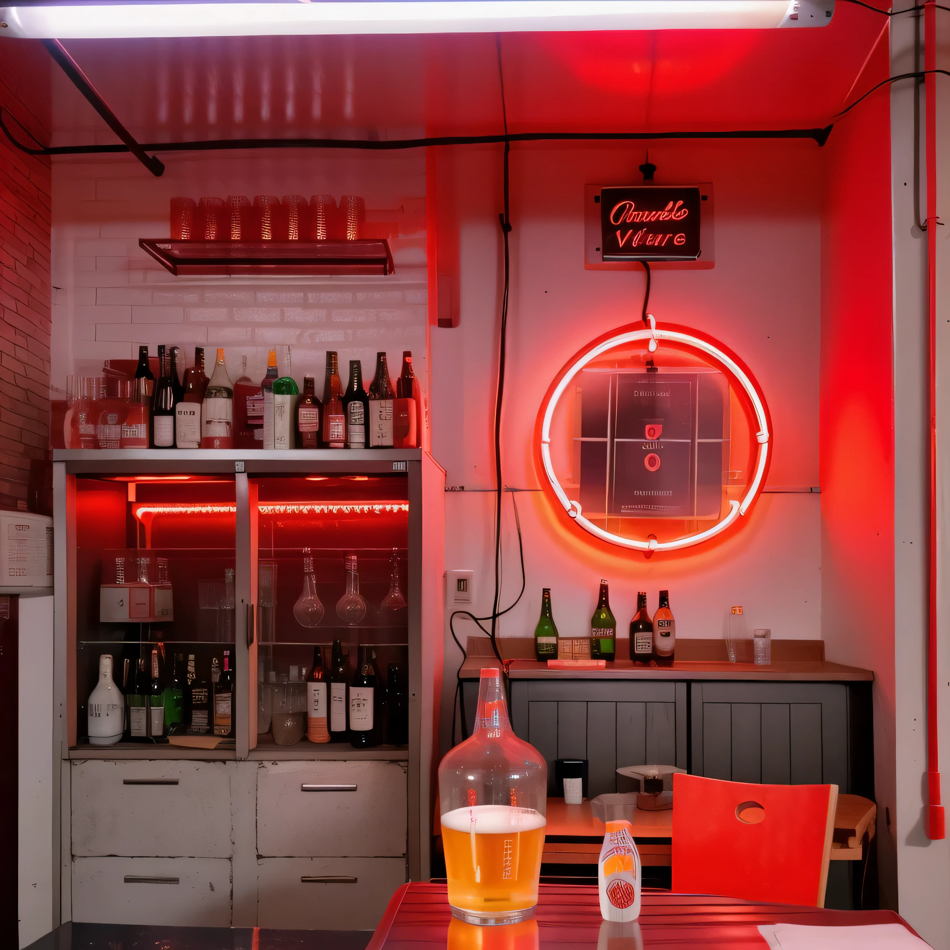 bar, With round neon light, red neon light lights inside it, red light and white light, red and white neon, red neon light lights, red neon light, Beer bottles on the table