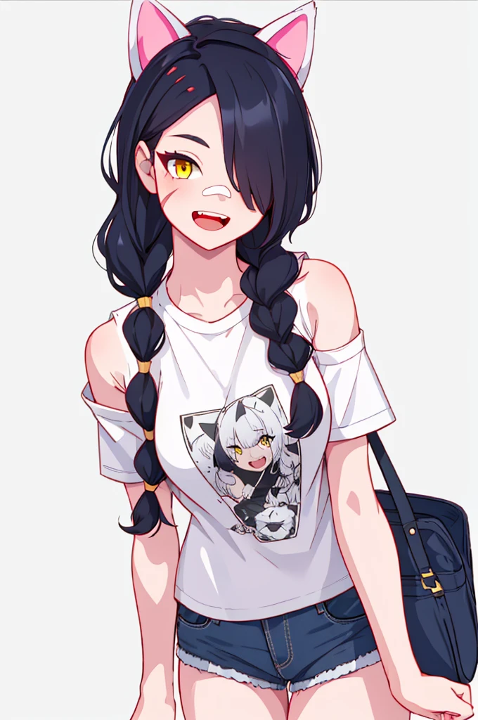 Erisa, 1girl, solo, long hair, looking at viewer, black hair, bandaid on face, yellow eyes, animal ears, smile, bandaid on nose, braid, cat ears, bandaid, bangs, breasts, fake animal ears, simple background, open mouth, fang, , bare shoulders, scar, teeth, shirt, tight shirt, bare shoulders, white shirt, short sleeves, closed mouth, t-shirt, hair over one eye, portrait, bag, hair over shoulder, shorts, skin tight outfit, seductive, realistic, best quality, masterpiece, ultra detail, ultra high res, extreme detail, 8k