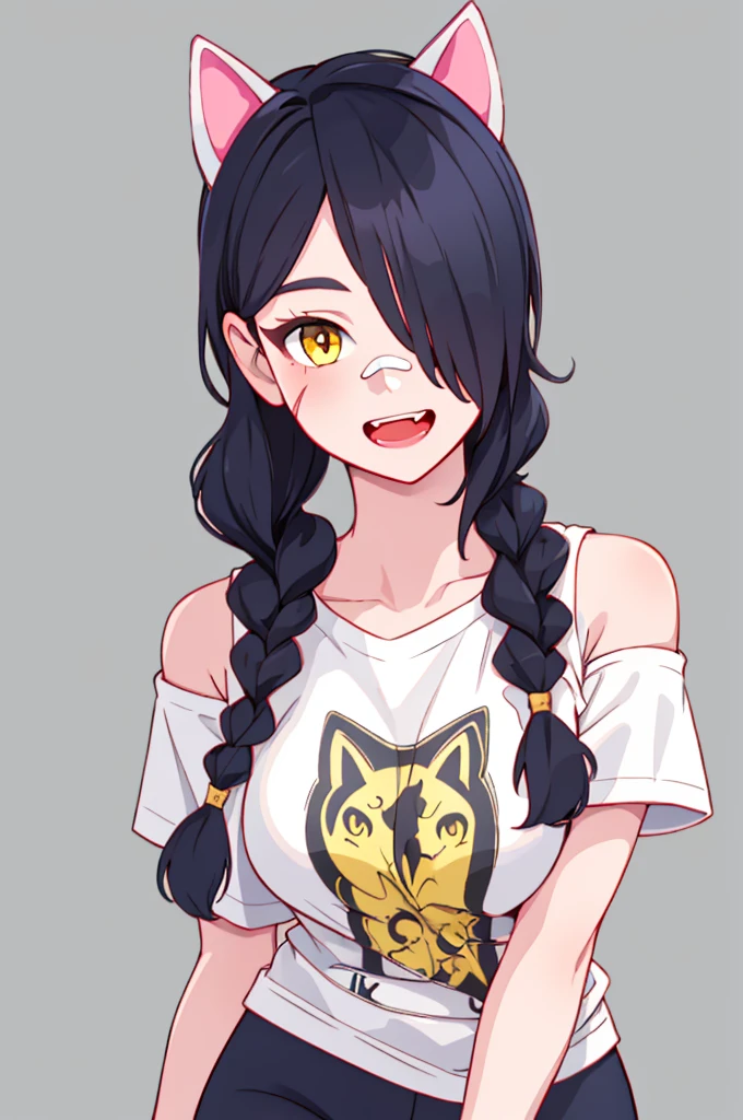 Erisa, 1girl, solo, long hair, looking at viewer, black hair, bandaid on face, yellow eyes, animal ears, smile, bandaid on nose, braid, cat ears, bandaid, bangs, breasts, fake animal ears, simple background, open mouth, fang, , bare shoulders, scar, teeth, shirt, tight shirt, bare shoulders, white shirt, short sleeves, closed mouth, t-shirt, hair over one eye, portrait, bag, hair over shoulder, shorts, skin tight outfit, seductive, realistic, best quality, masterpiece, ultra detail, ultra high res, extreme detail, 8k