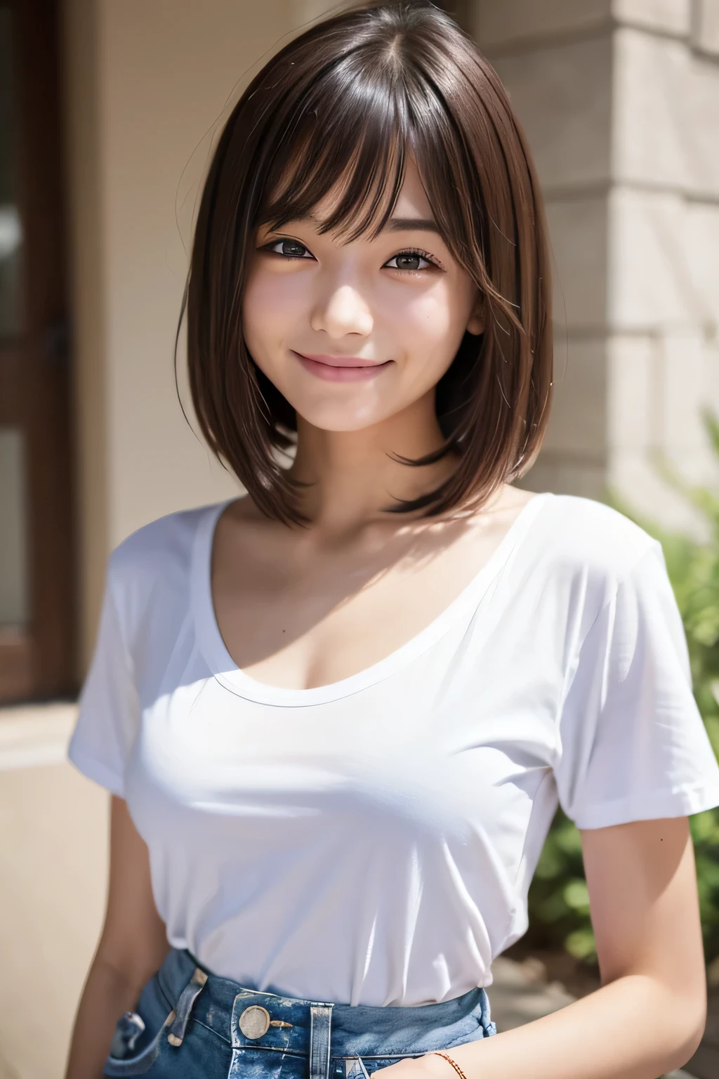 narrow eyes, straight hair, 1 girl,  girl, small eyes:1.3, narrow eyes:1.3, beautiful breasts:1.5、highly detailed eyes:1.2)、(beautiful breasts:1.1), (short hair:1.1), bangs, tight waist, alone, looking at the viewer, light smile, (white t-shirt, blue jeans), laughter, (squint your eyes), (small breasts:1.4)