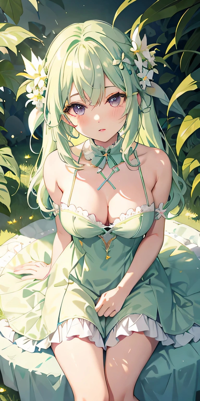 light pastel green hair with light yellow ombre, side parted hair, a bit mature cute girl, round eyes, purple eyes, no pixelated eyes, lily of the valley hair ornament, flower fairy, dirty tattered one piece dress, gshostly, greyish color pallete, camera angle from above, clevage