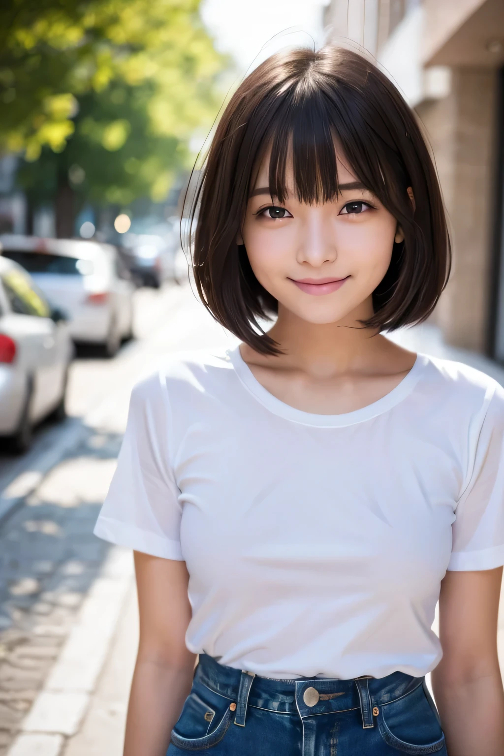 narrow eyes, straight hair, 1 girl, 17 year old girl, small eyes:1.3, narrow eyes:1.3, beautiful breasts:1.5、highly detailed eyes:1.2)、(beautiful breasts:1.1), (short hair:1.1), bangs, tight waist, alone, looking at the viewer, light smile, (white t-shirt, blue jeans), laughter, (squint your eyes), (small breasts:1.4)
