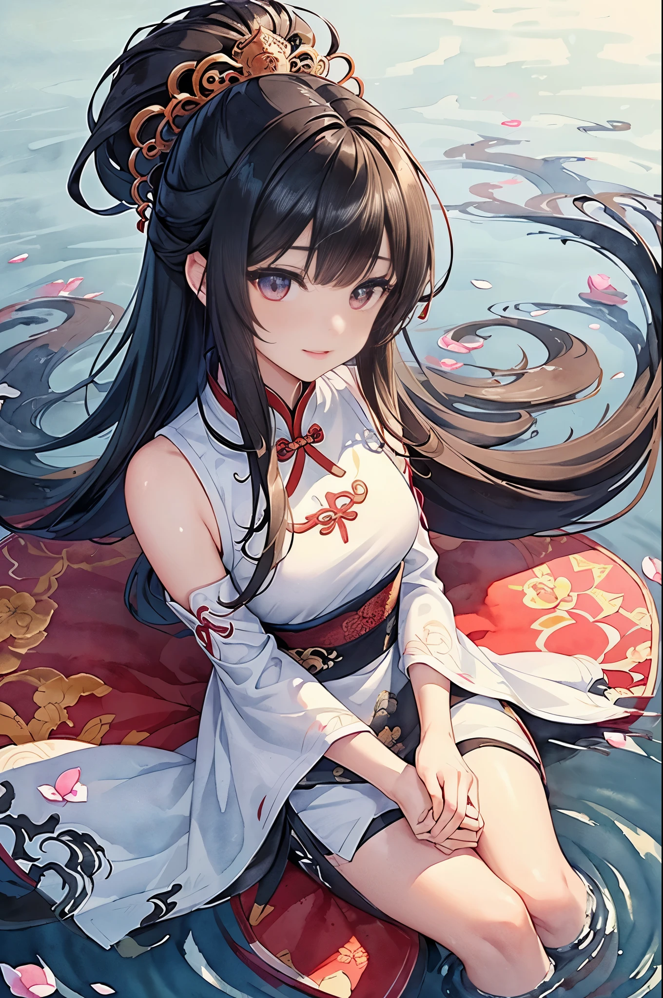 (full body)(best detailed girl),(1girl),(black hair),(solo),((extremely detailed)),((detailed face)),((((ink painting)))),illustration,((Chinese ink painting)),(((masterpiece))),(((best quality))),((((Ink dyeing)))),(((Watercolor))),((Chinese Brush Painting)),(((extremely delicate and beautiful girls)))),ultra-detailed,(((beautiful detailed eyes))),(cheongsam),(Chinese style),((red ink)),smile,ink background,long hair,beautiful detailed eyes,beautiful detailed hair,petals,(((soaked))),((((floating hair)))),(((The character is in the center of the frame))),(((flowing))),