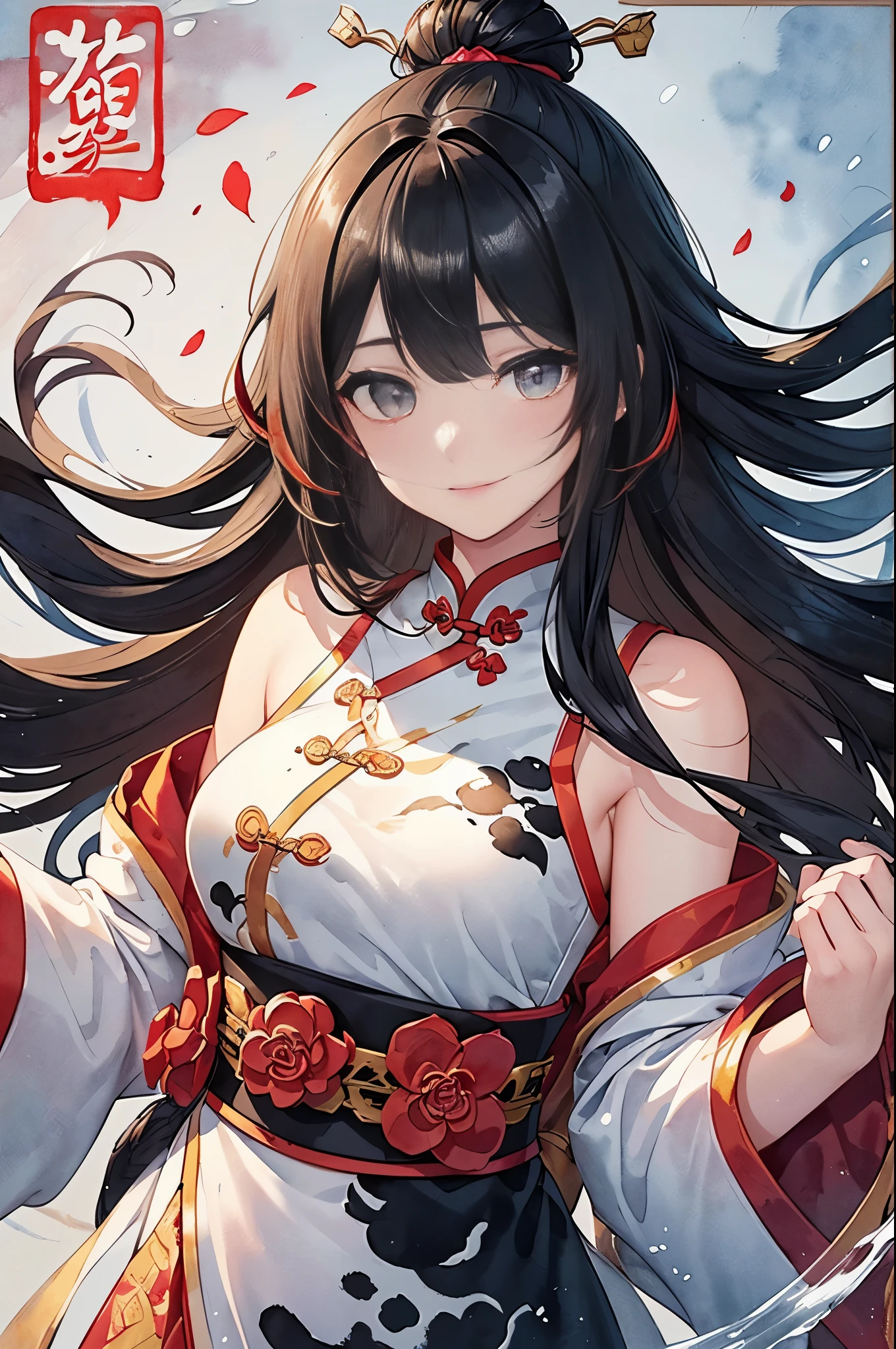 1female, flag of Japan inspired costume, her costume consists classy full length dress, silk, red circle and white favric, perfect proportion, black straight hair with silver streaked hair , long straight bangs, detailed face, big heart eyes, thin eyebrows, moist lips, kissing lips, smiling full of compassion, close up shot, big happy smile