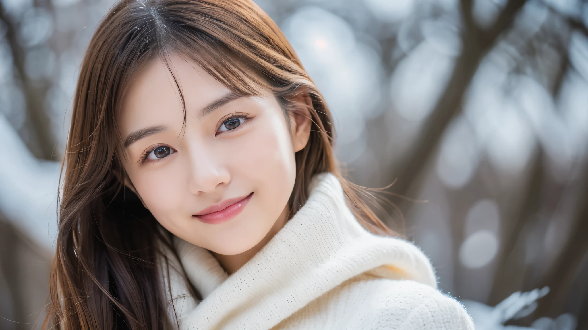 japanese woman, 30s, background white, simple背景, white-brown hair, slender, 4K, 8K, high quality, Beauty products, beautiful eyes, simple, high resolution,1 person,beautiful skin,beautiful skin,wearing a white knit,winter,lipstick,smile,Describe the whole body