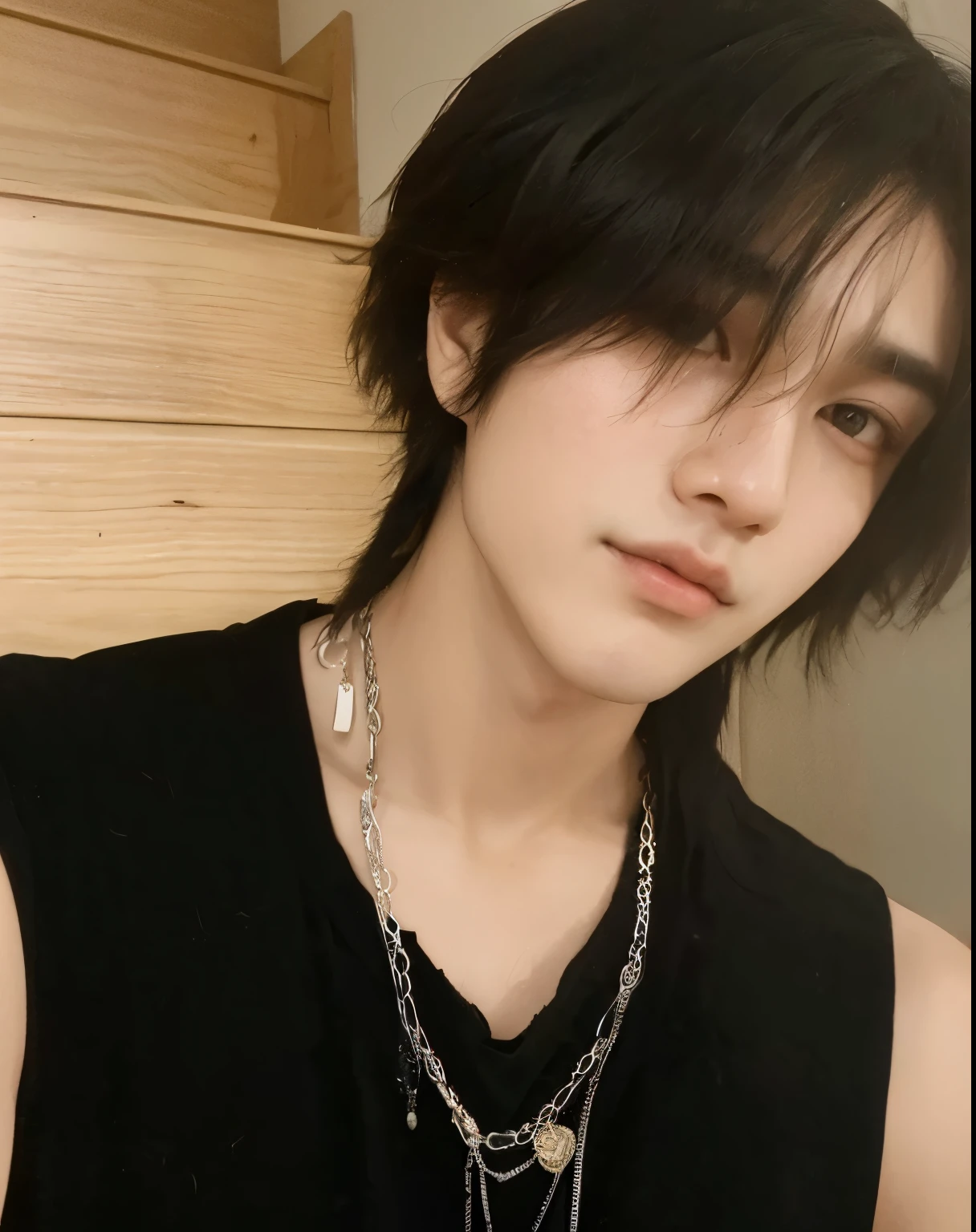Kim Taehyung with a necklace on a wooden surface, Kim Taehyung com cabelo preto, handsome prince, pintar ulzzang, 23 anos, rosto magro MEDIANO, Japanese demon, androgynous man, Grupo BTS