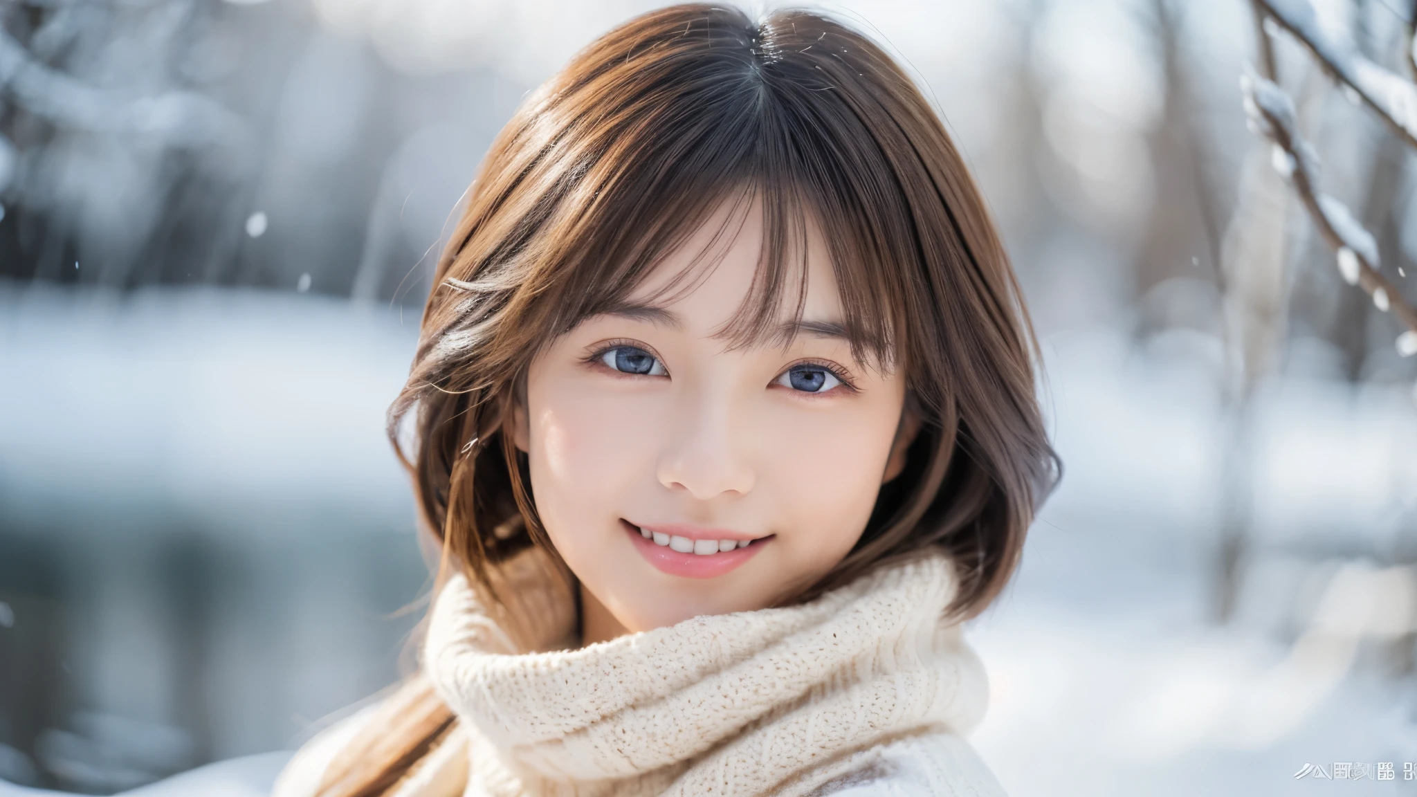 japanese woman, 30s, background white, simple背景, white-brown hair, slender, 4K, 8K, high quality, Beauty products, beautiful eyes, simple, high resolution,1 person,beautiful skin,beautiful skin,wearing a white knit,winter,lipstick,smile,Describe the whole body