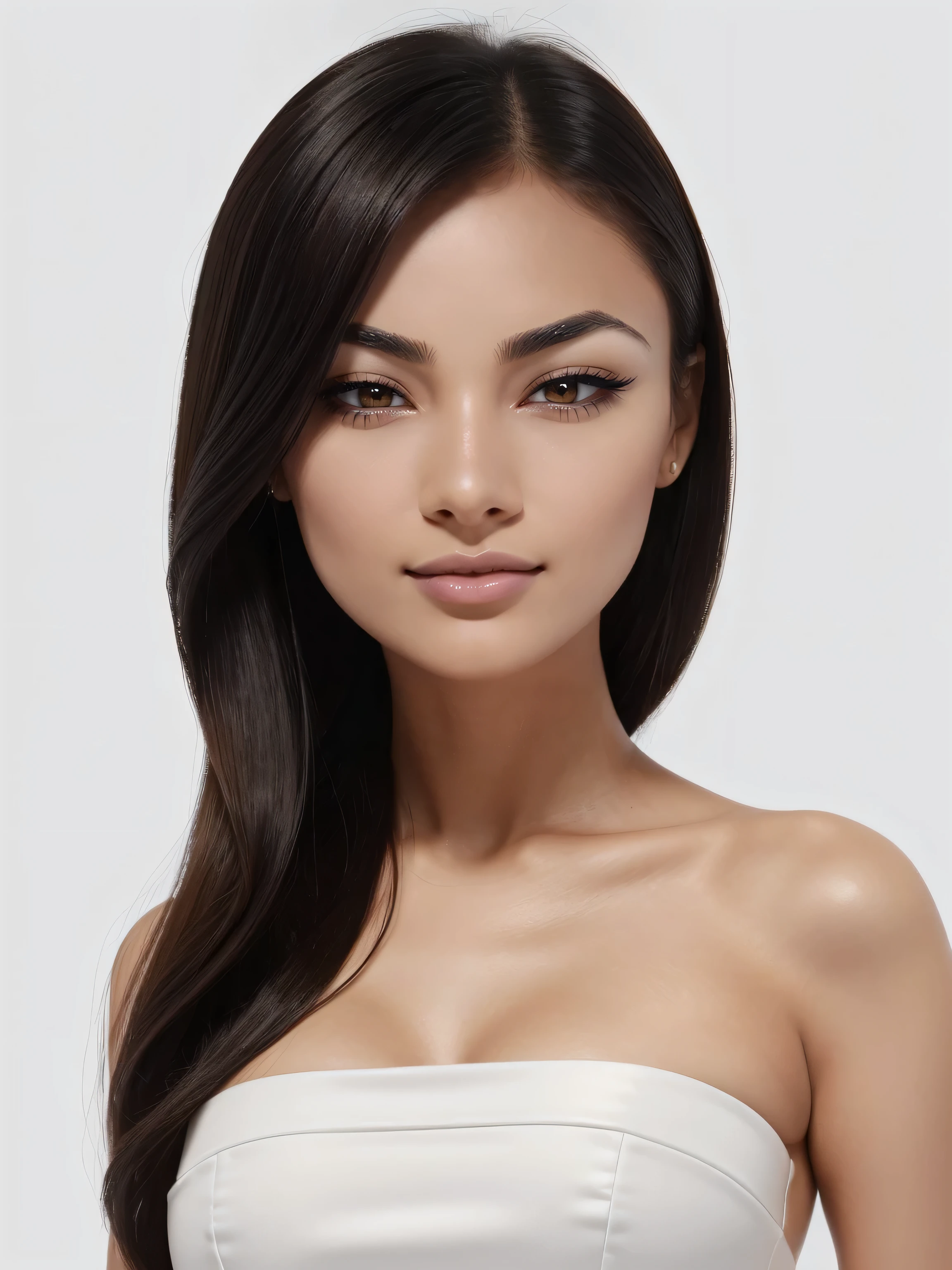 (very cute chinese woman), short_forehead:1, (short_head:1.5 round_face:1.5), long_hair straight_hair (black_hair:1), symmetric_eyes:1 monolid_eyes:1 large_eyes:1.2 short_eyes:1.4 eye_wings:1 brown_eyes:1.5 mahogany_brown_eyes:1.5, double_eyelids:1.2, small_eyebrows:1.5 rounded_eyebrows:1.3, (tanned_skin:1.3), cheek_dimples:1.4 round_cheek:1, round_jaw:1 large_jaw:1.2, small_lips:1 (1Woman:1.5, (Masterpiece, 8K, best quality, highres:1.5), (upper_body:1.5, looking_at_viewer:1.5, body_looking_at_viewer:1.5), white_photoshoot:1, white_room:1, white_backdrop:1.5, standing, neutral_body_posture:1.5, (neutral_facial_expression:1.5, closed_lips:1), wearing white_strapless_mini_dress), slender_body:1, short_body:1.5, medium_breast